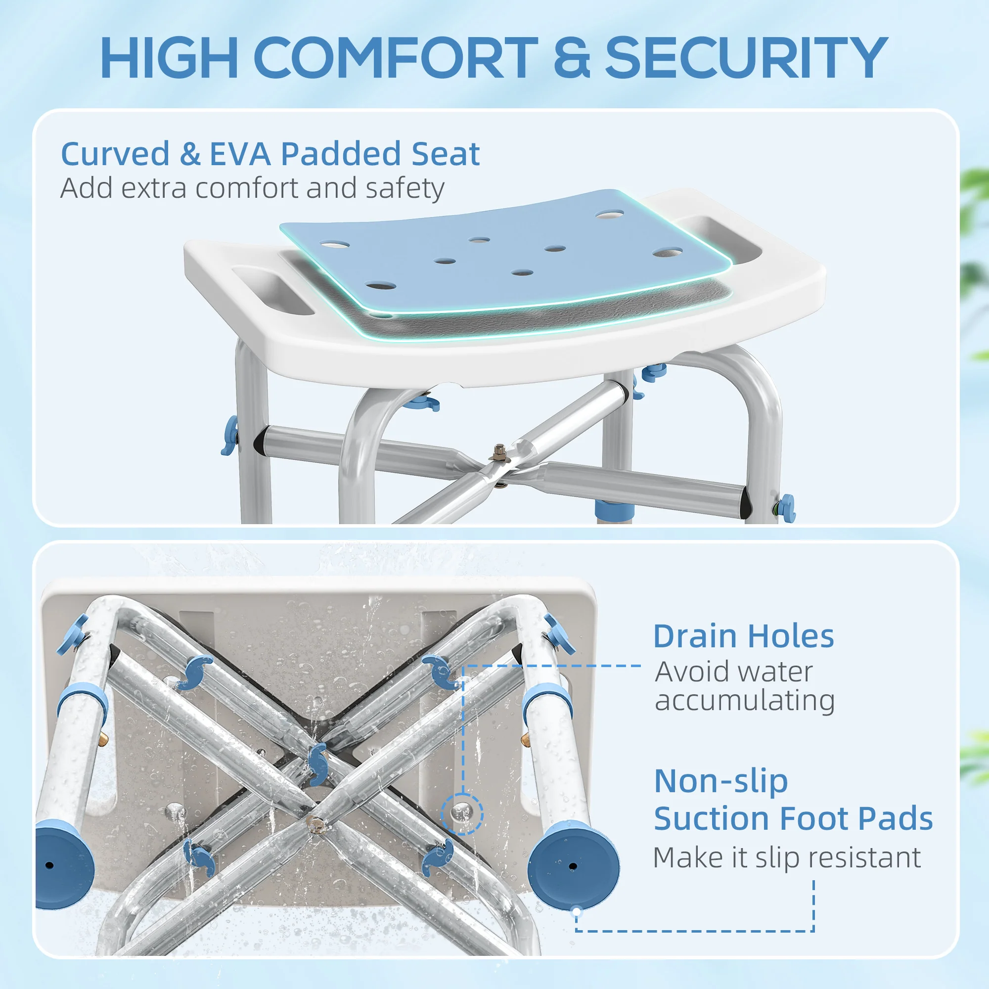 HOMCOM Adjustable Shower Stool With Foot Pads For Elderly, Light Blue - Image 4