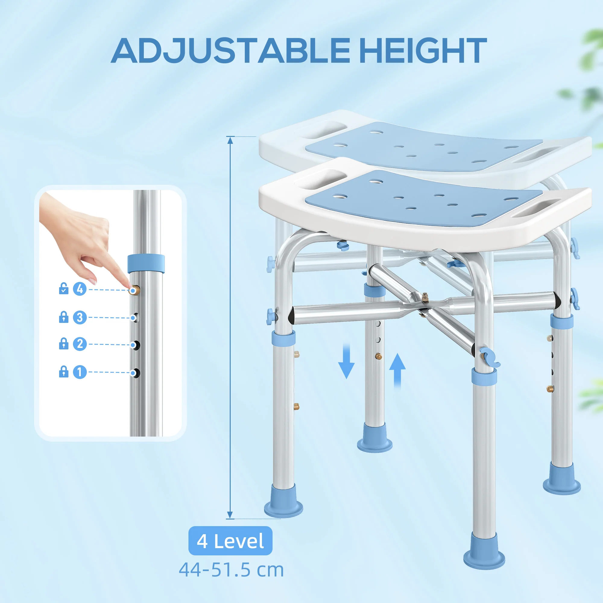 HOMCOM Adjustable Shower Stool With Foot Pads For Elderly, Light Blue - Image 6