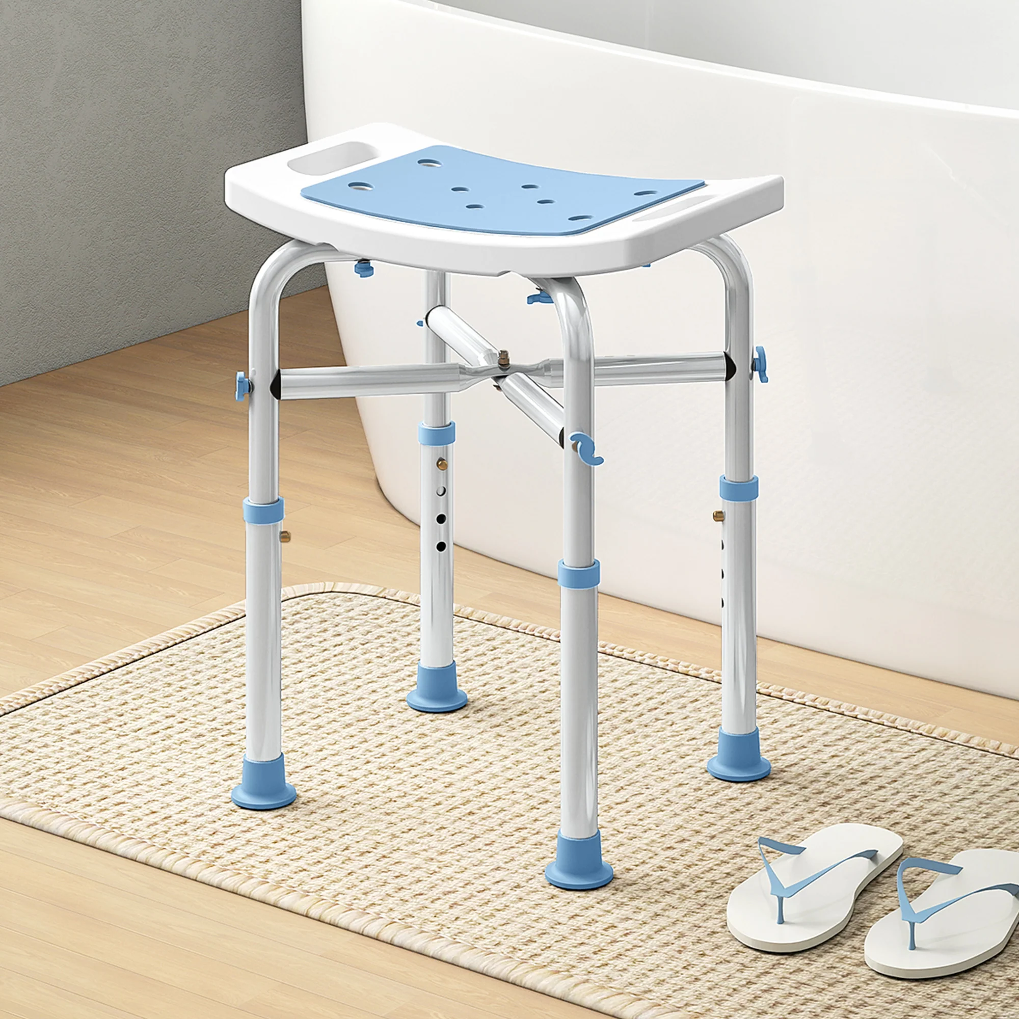 HOMCOM Adjustable Shower Stool With Foot Pads For Elderly, Light Blue - Image 8