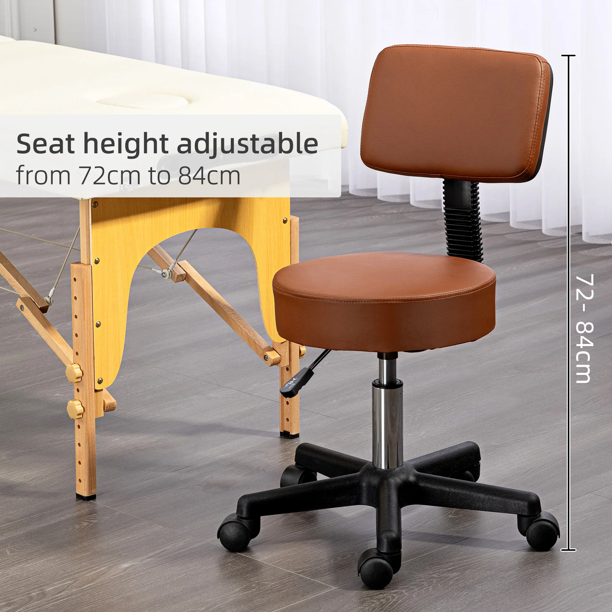 HOMCOM Adjustable Swivel Salon Chair Padded Seat Back 5 Wheels Brown - Image 7