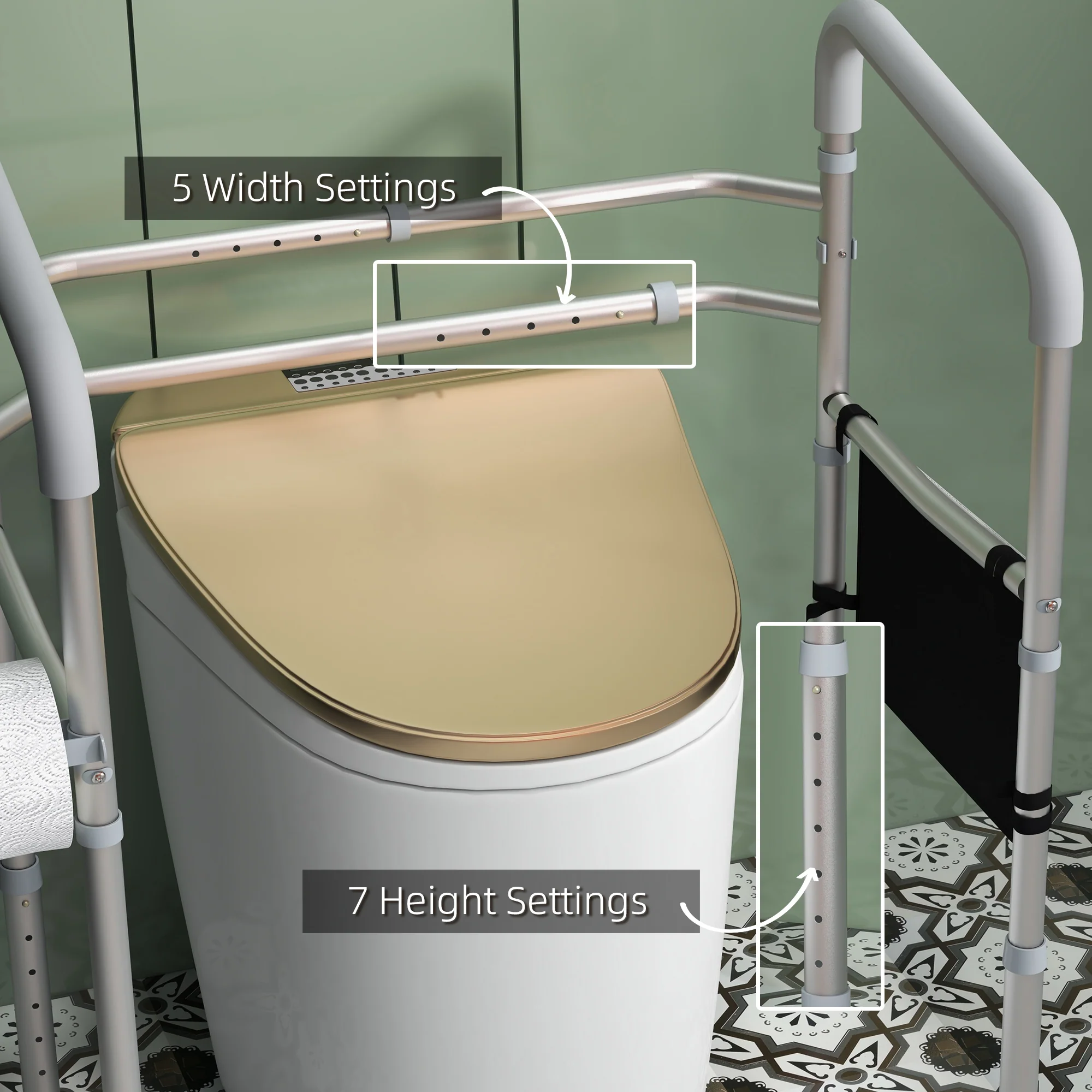 HOMCOM Adjustable Toilet Safety Frame with Additional Rubber Tips Storage - Image 3