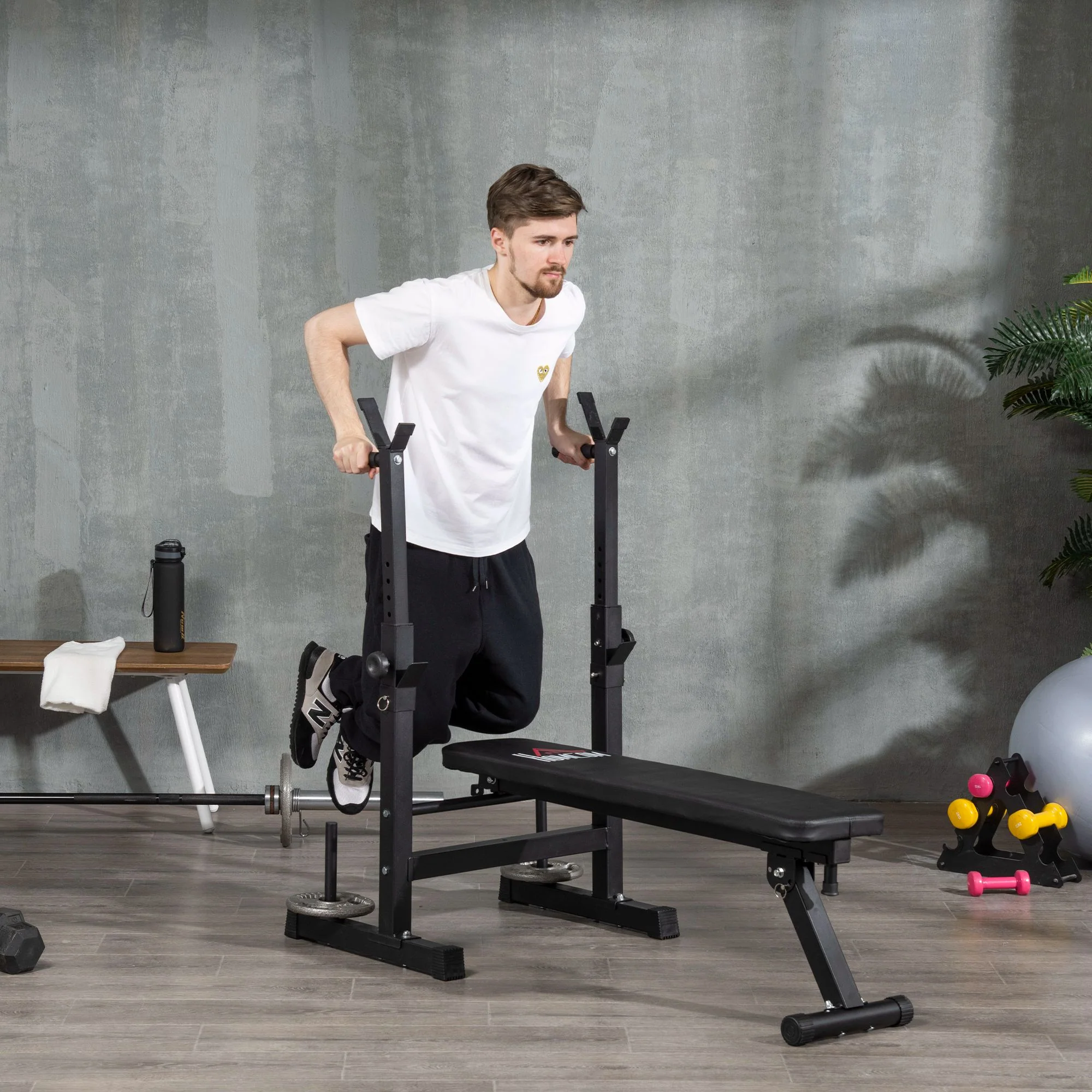 HOMCOM Adjustable Weight Bench With Barbell Rack And Dip Station, Black - Image 2