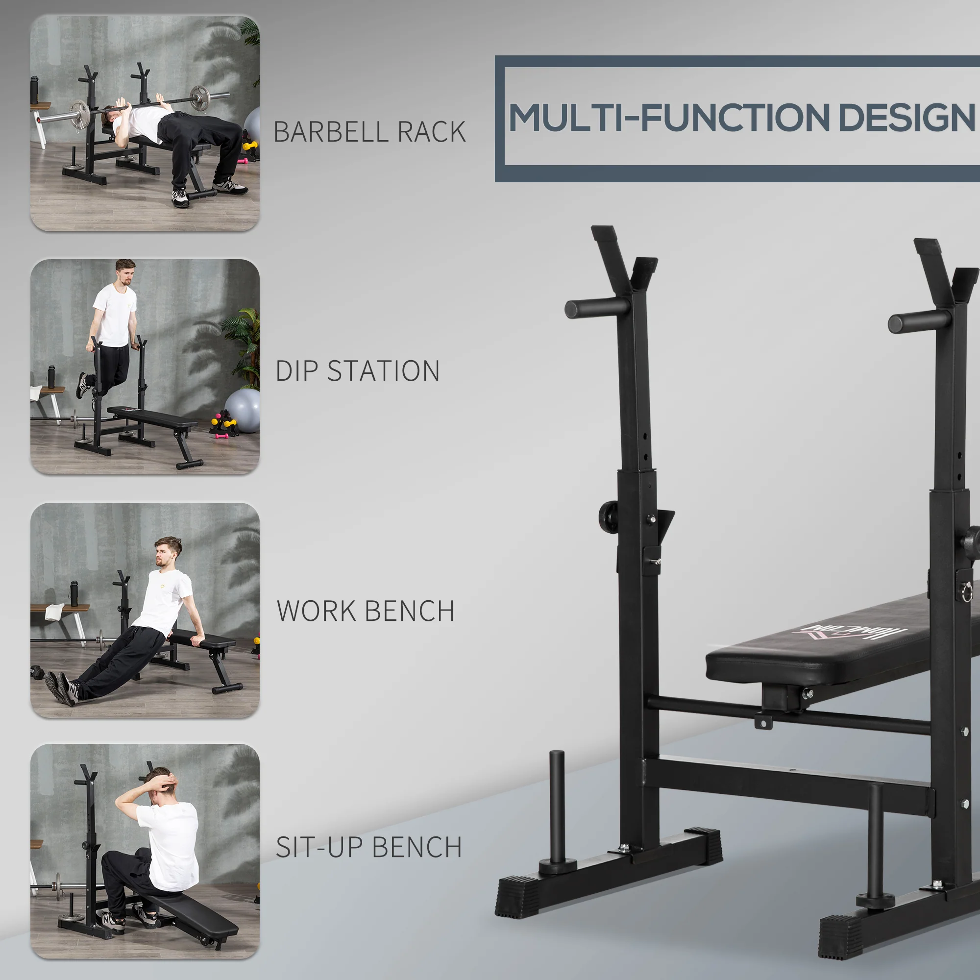 HOMCOM Adjustable Weight Bench With Barbell Rack And Dip Station, Black - Image 3