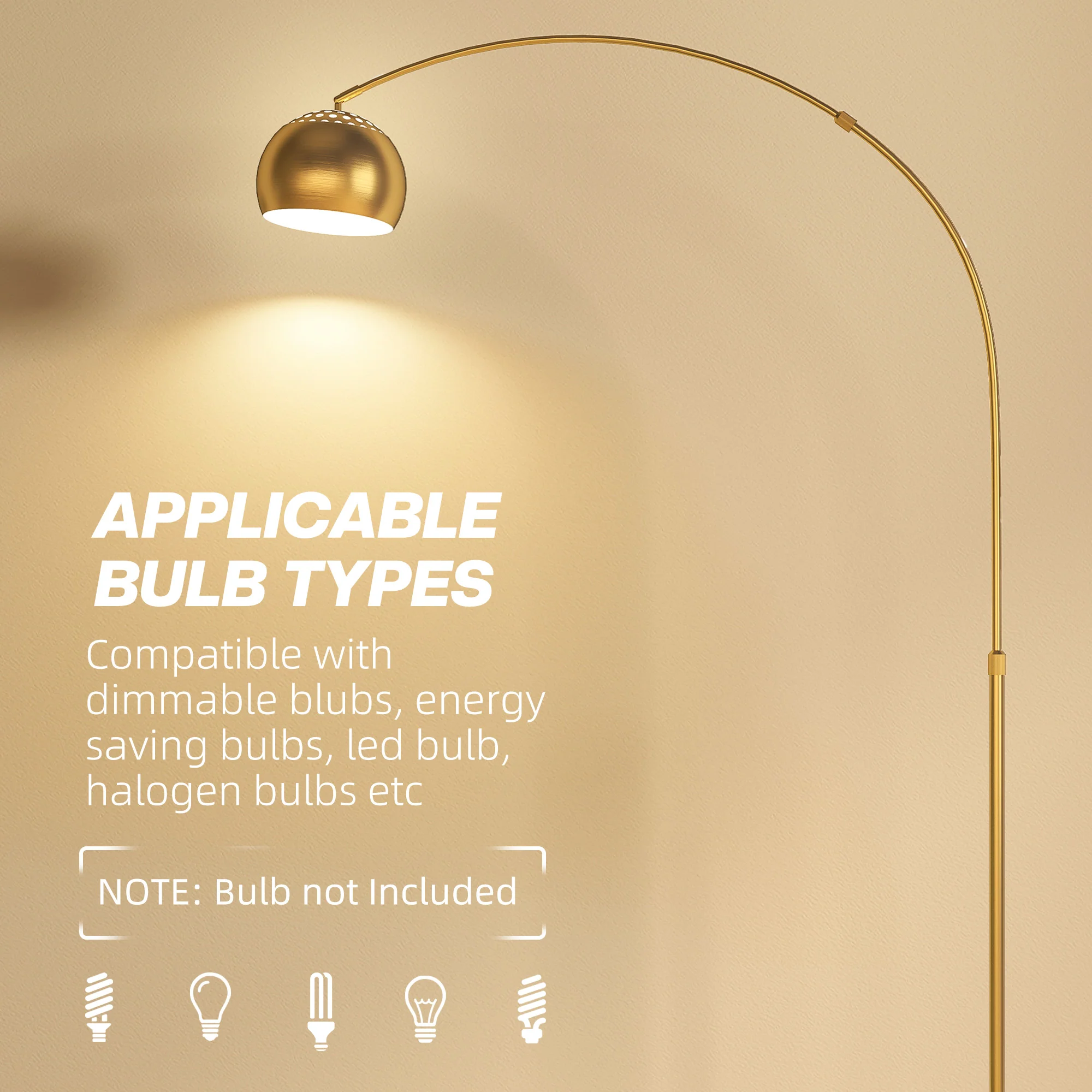 HOMCOM Arc Floor Lamp For Living Room, Free Standing Tall Lamp, Gold Tone - Image 6