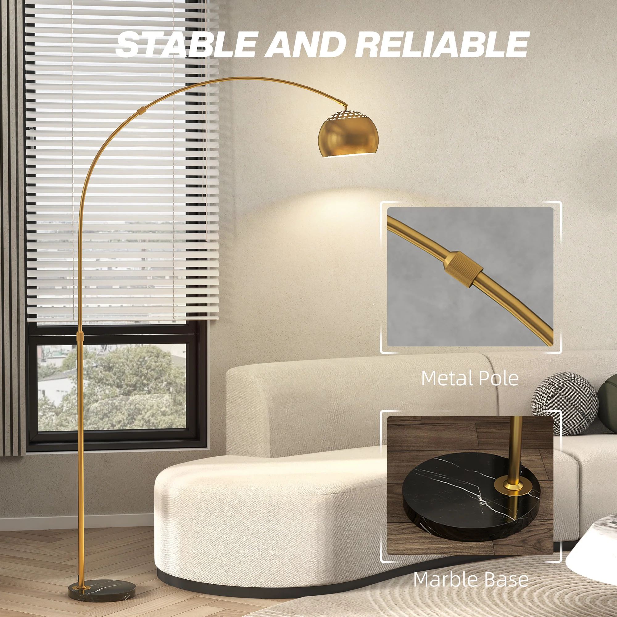 HOMCOM Arc Floor Lamp For Living Room, Free Standing Tall Lamp, Gold Tone - Image 7