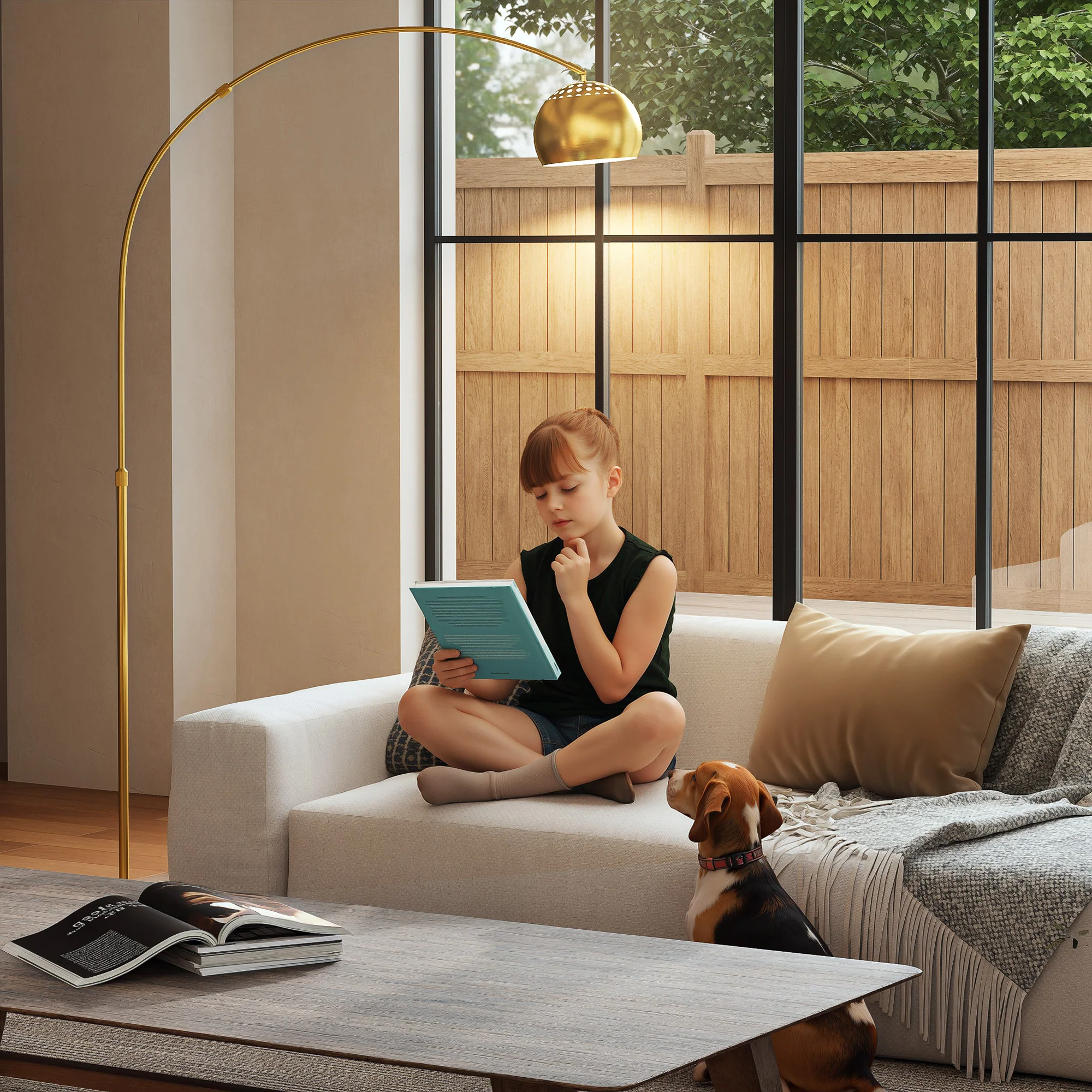 HOMCOM Arc Floor Lamp For Living Room, Free Standing Tall Lamp, Gold Tone - Image 8