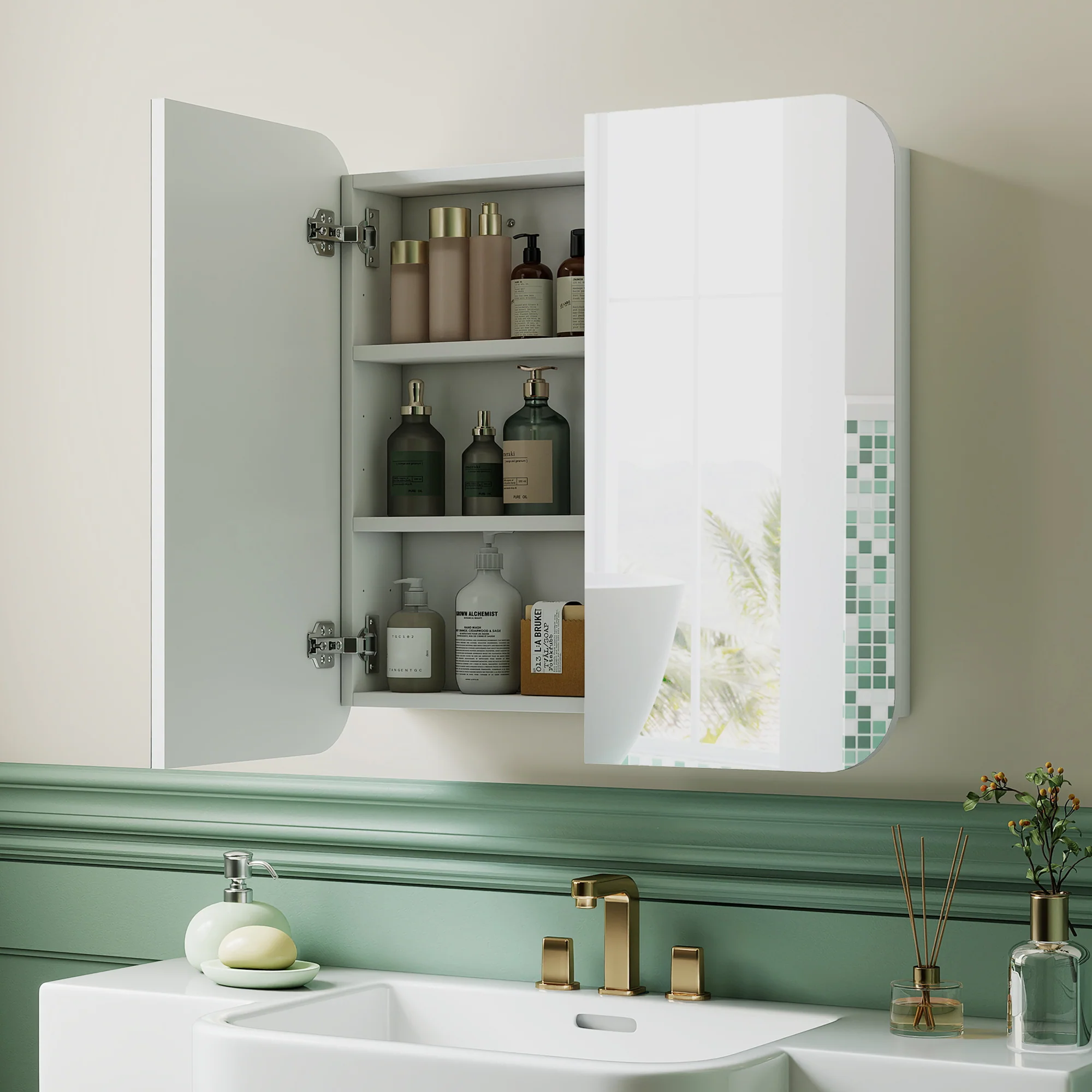 HOMCOM Arched Bathroom Mirror Cabinet, Wall Mounted Mirrored Cabinet - Image 2