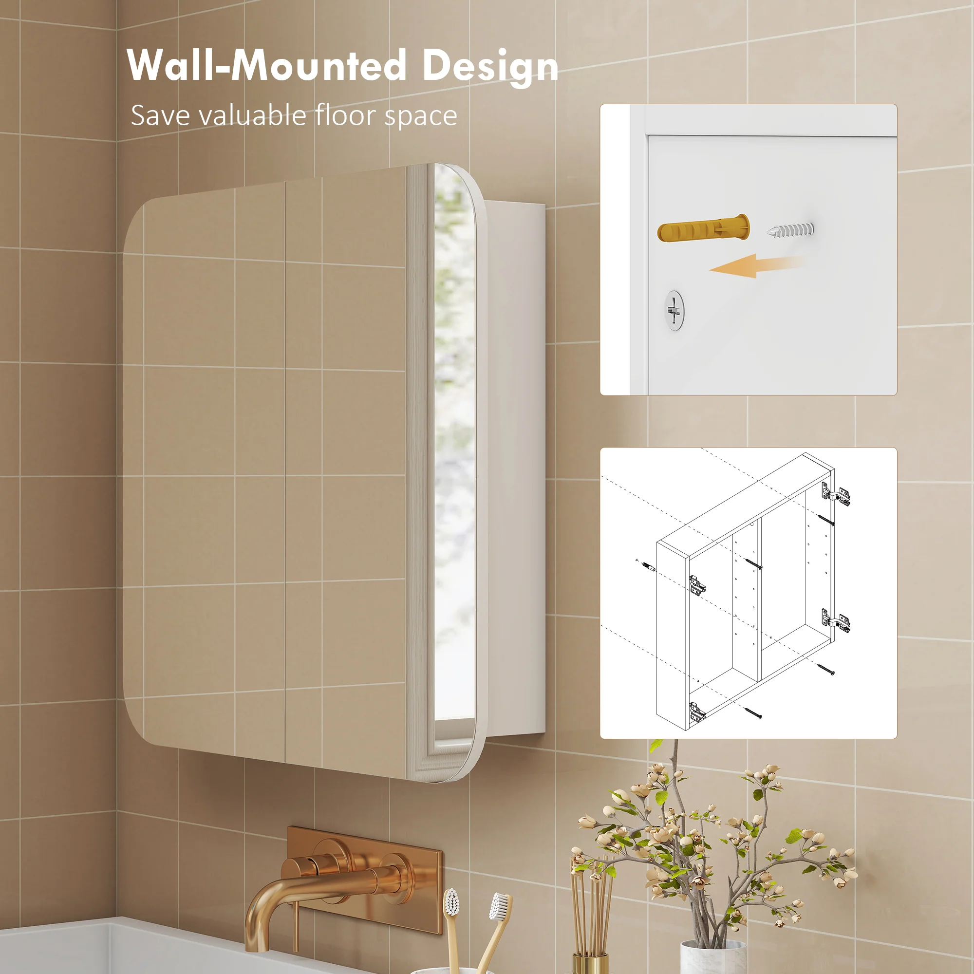 HOMCOM Arched Bathroom Mirror Cabinet, Wall Mounted Mirrored Cabinet - Image 8