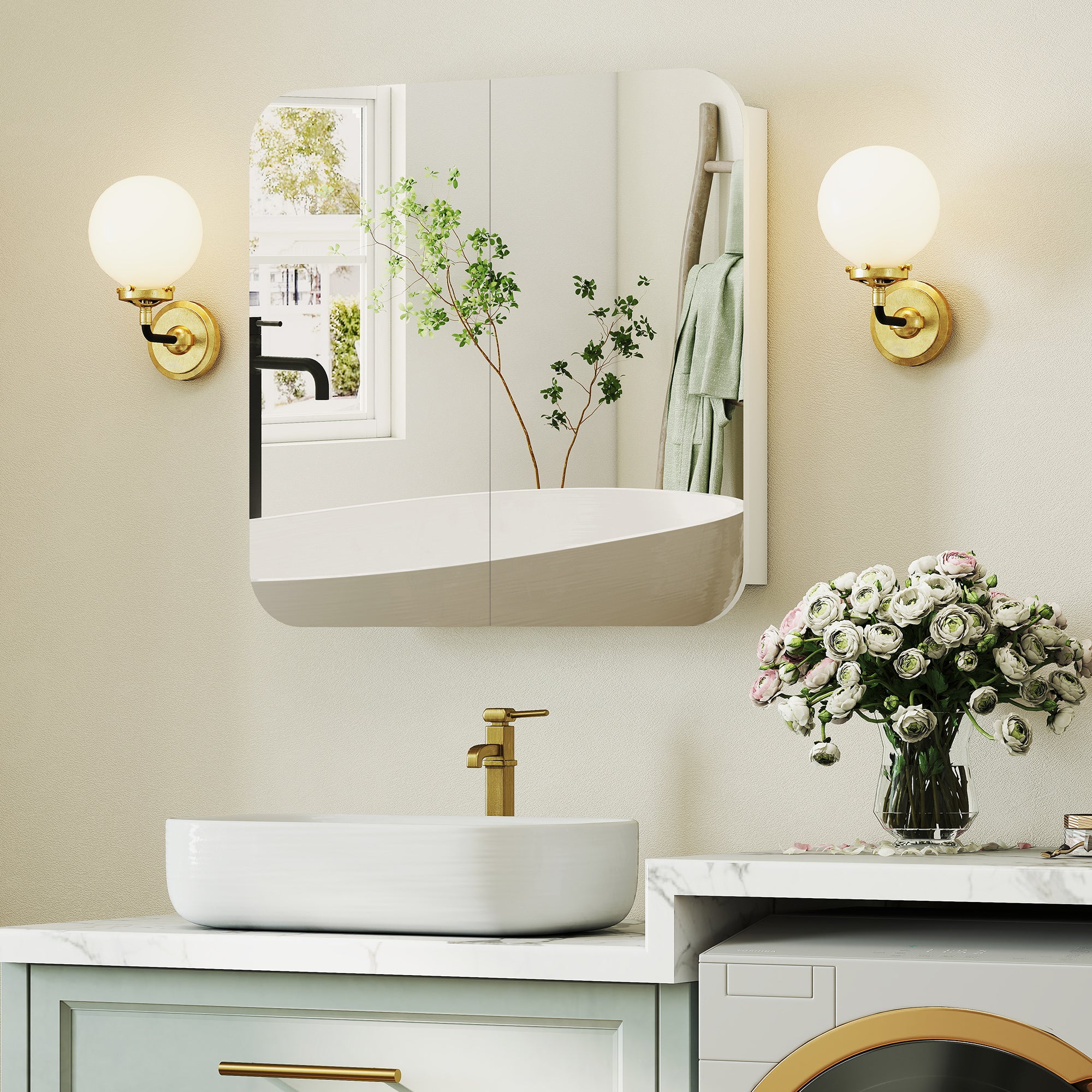 HOMCOM Arched Bathroom Mirror Cabinet, Wall Mounted Mirrored Cabinet - Image 9