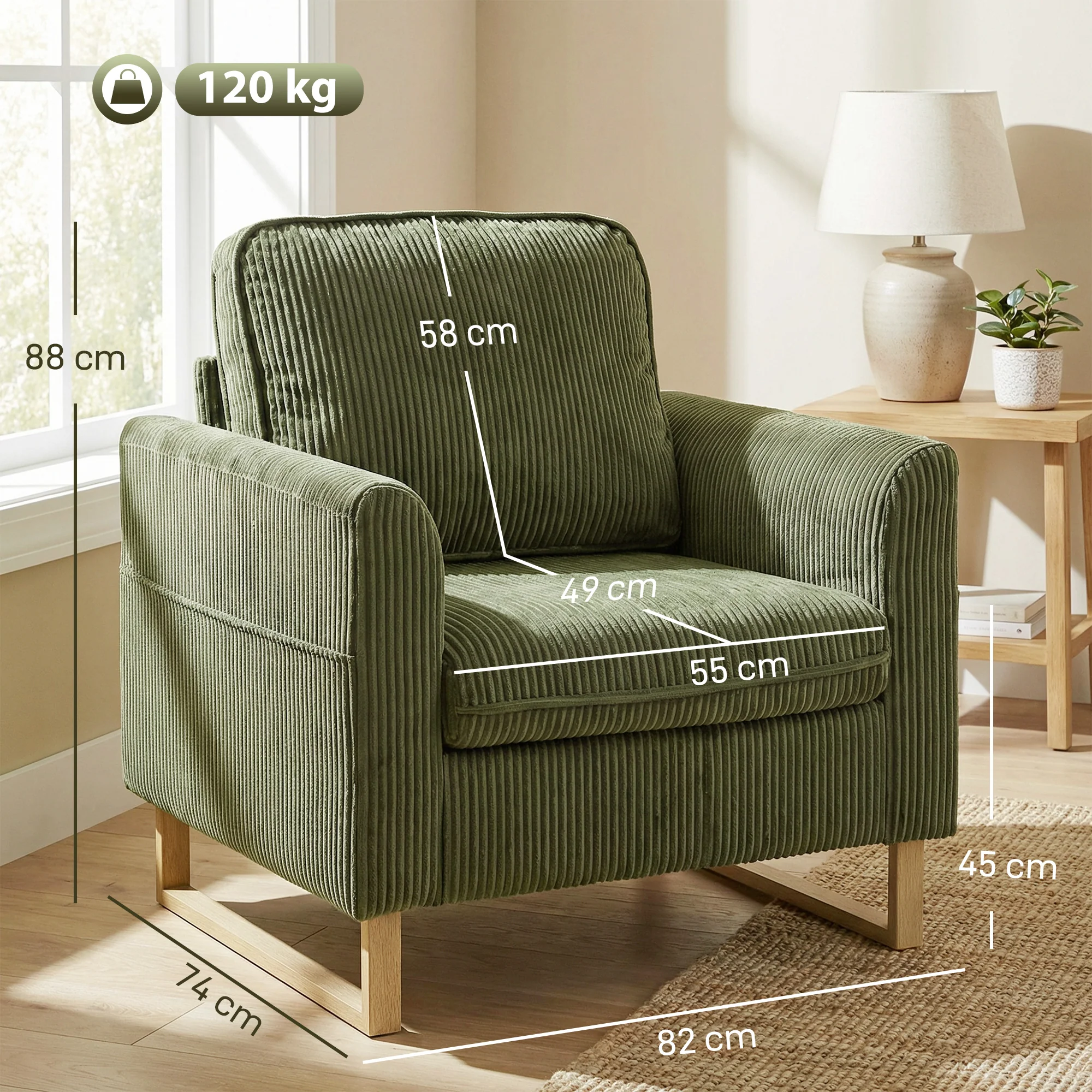 HOMCOM Armchair with Metal Legs and Spring Dark Green - Image 3