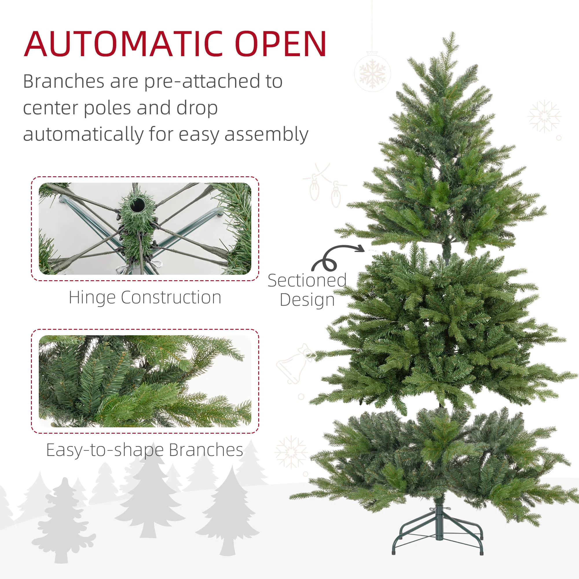 HOMCOM Artificial Christmas Tree With Metal Base, Hinged Branches - Image 6