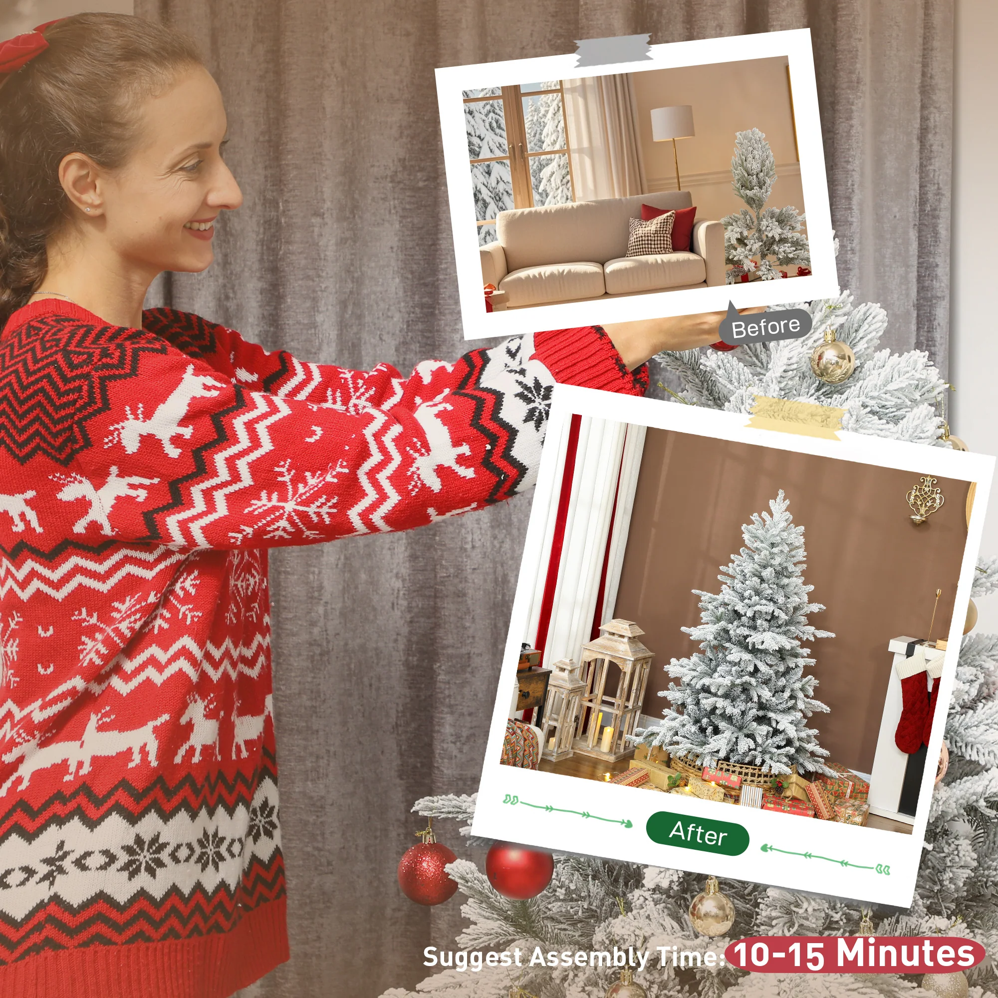 HOMCOM Artificial Christmas Tree With Snow, Hinged Xmas Tree - Image 7