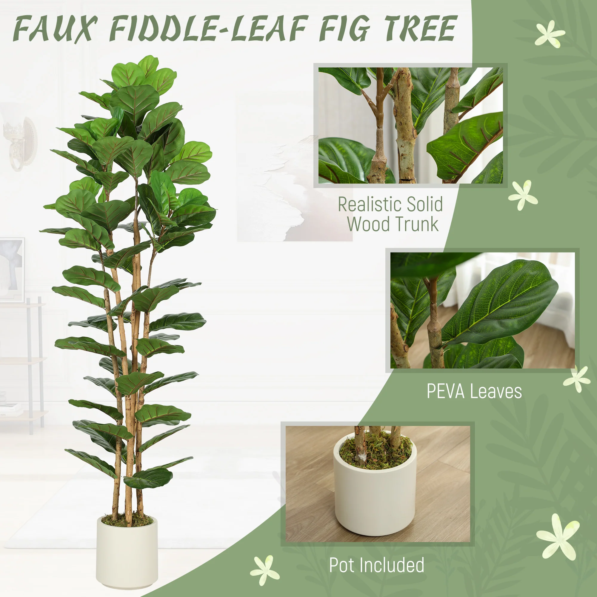 HOMCOM Artificial Fiddle Leaf Fig Tree With Solid Wood Trunks - Image 12