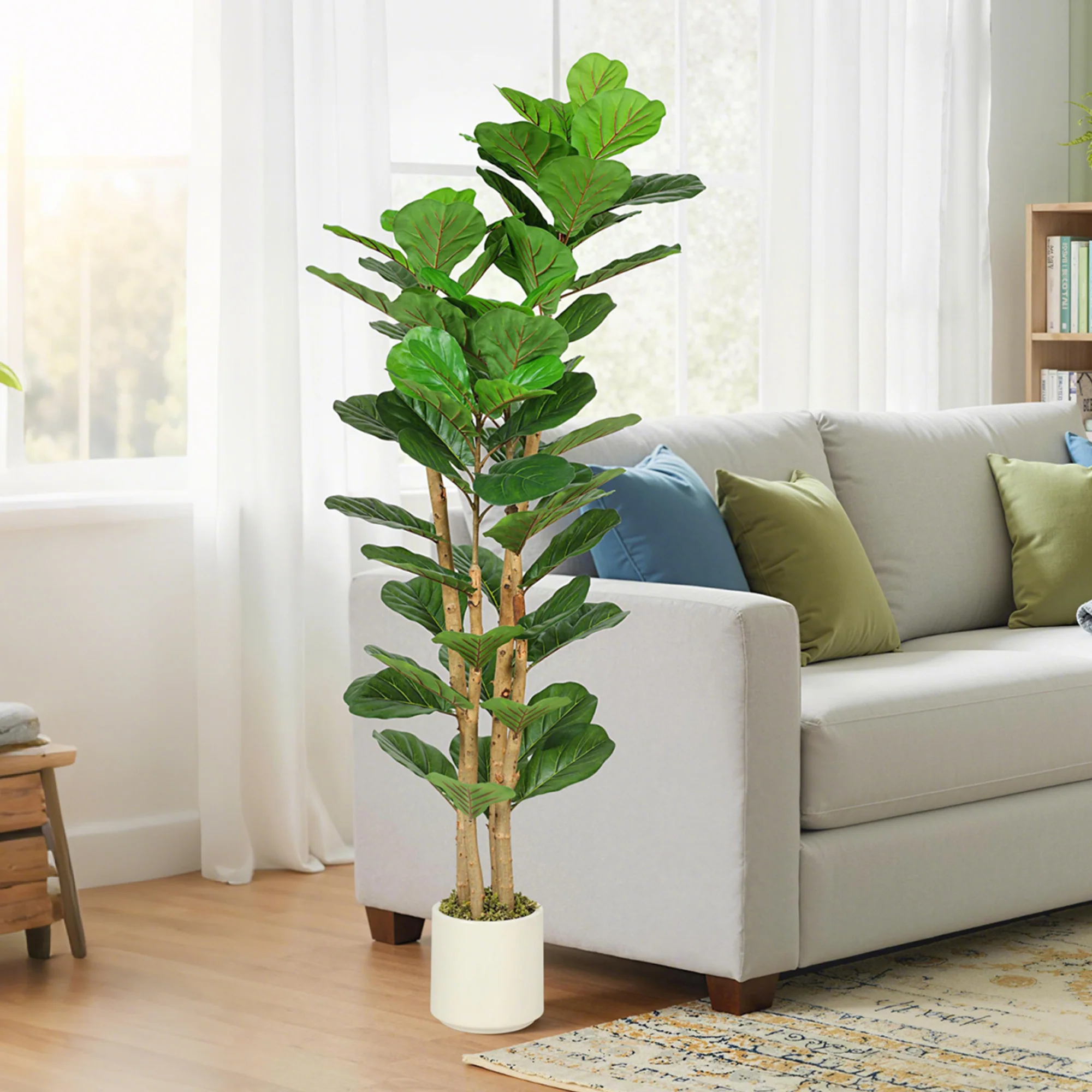 HOMCOM Artificial Fiddle Leaf Fig Tree With Solid Wood Trunks - Image 2