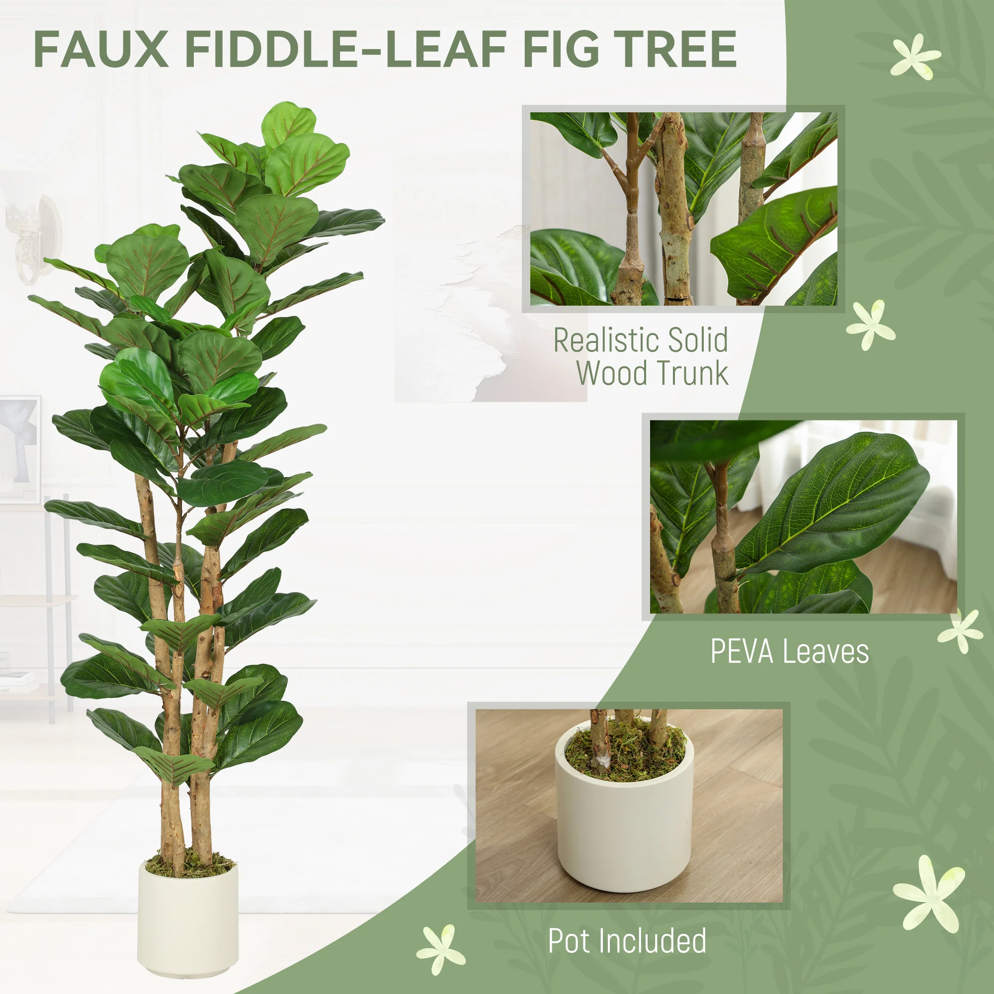 HOMCOM Artificial Fiddle Leaf Fig Tree With Solid Wood Trunks - Image 3