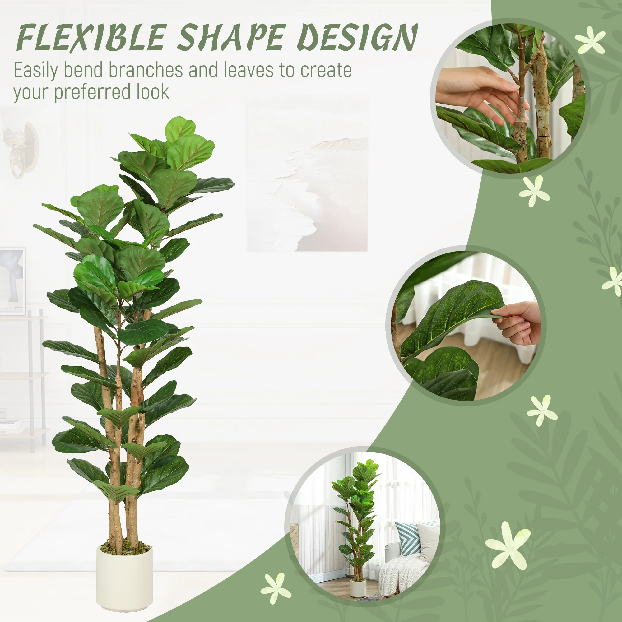 HOMCOM Artificial Fiddle Leaf Fig Tree With Solid Wood Trunks - Image 6