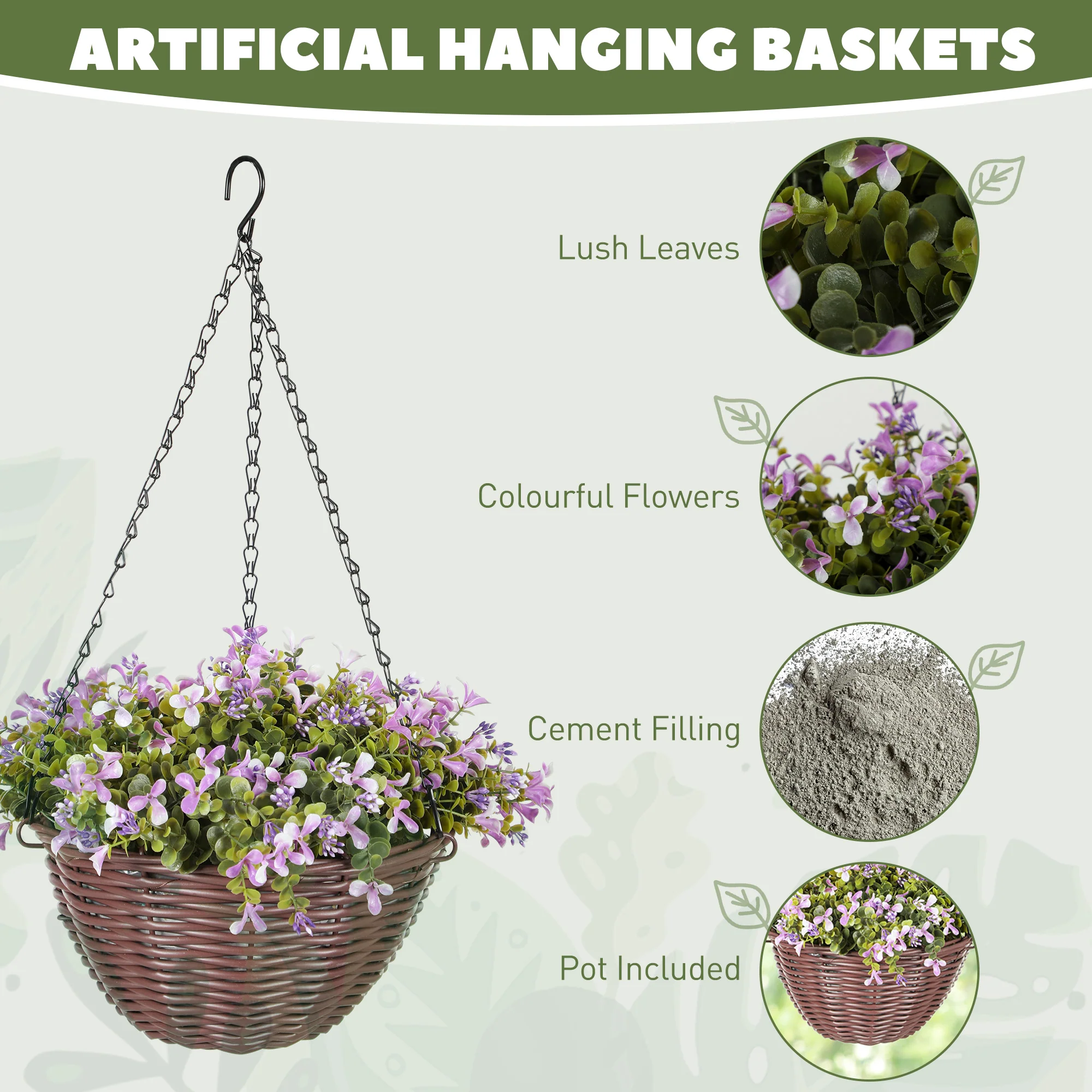 HOMCOM Artificial Flowers In Basket Set Of 2 With 75 Leaves And 15 Flowers - Image 3