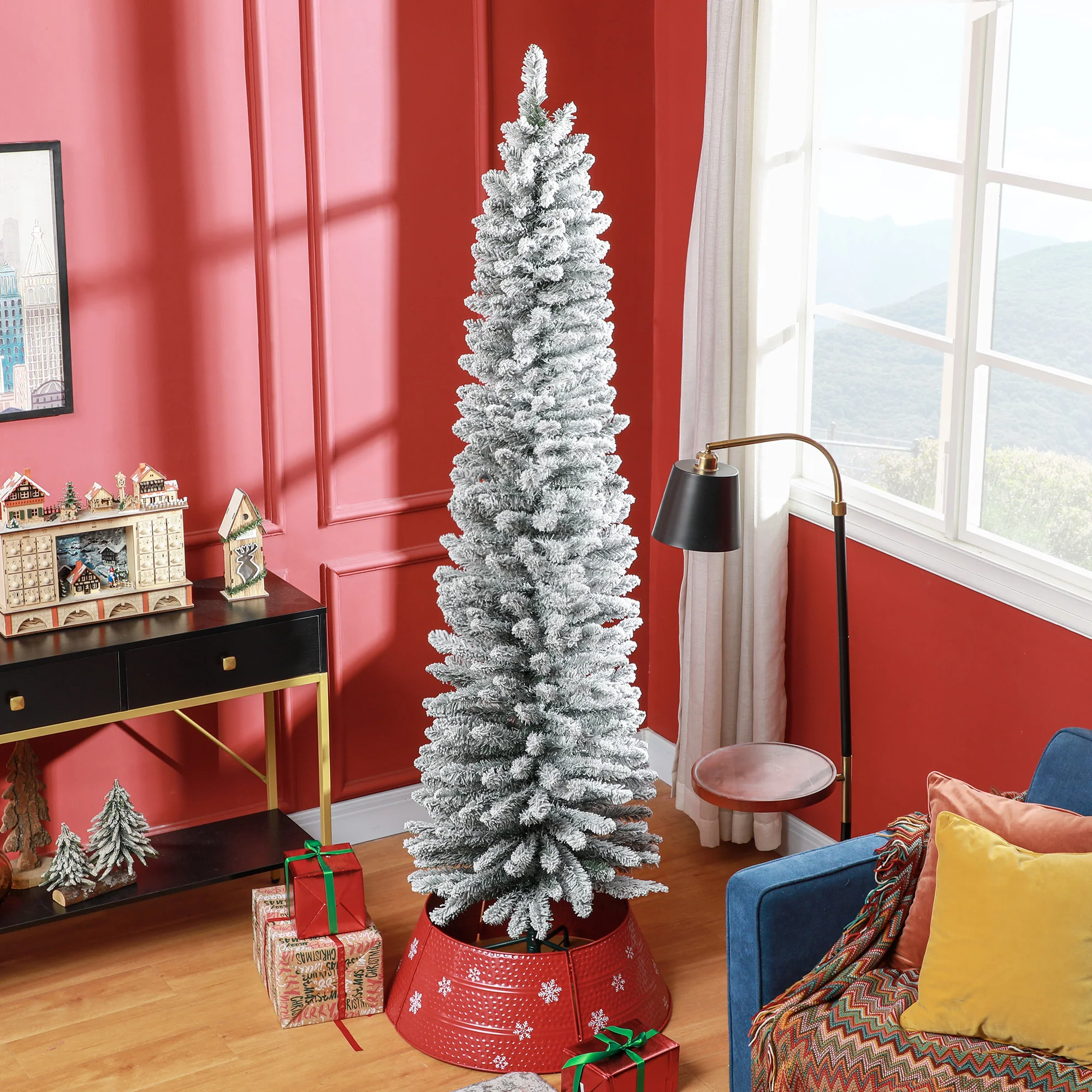 HOMCOM Artificial Pencil Christmas Tree with Snow Flocked Tips, Green - Image 2