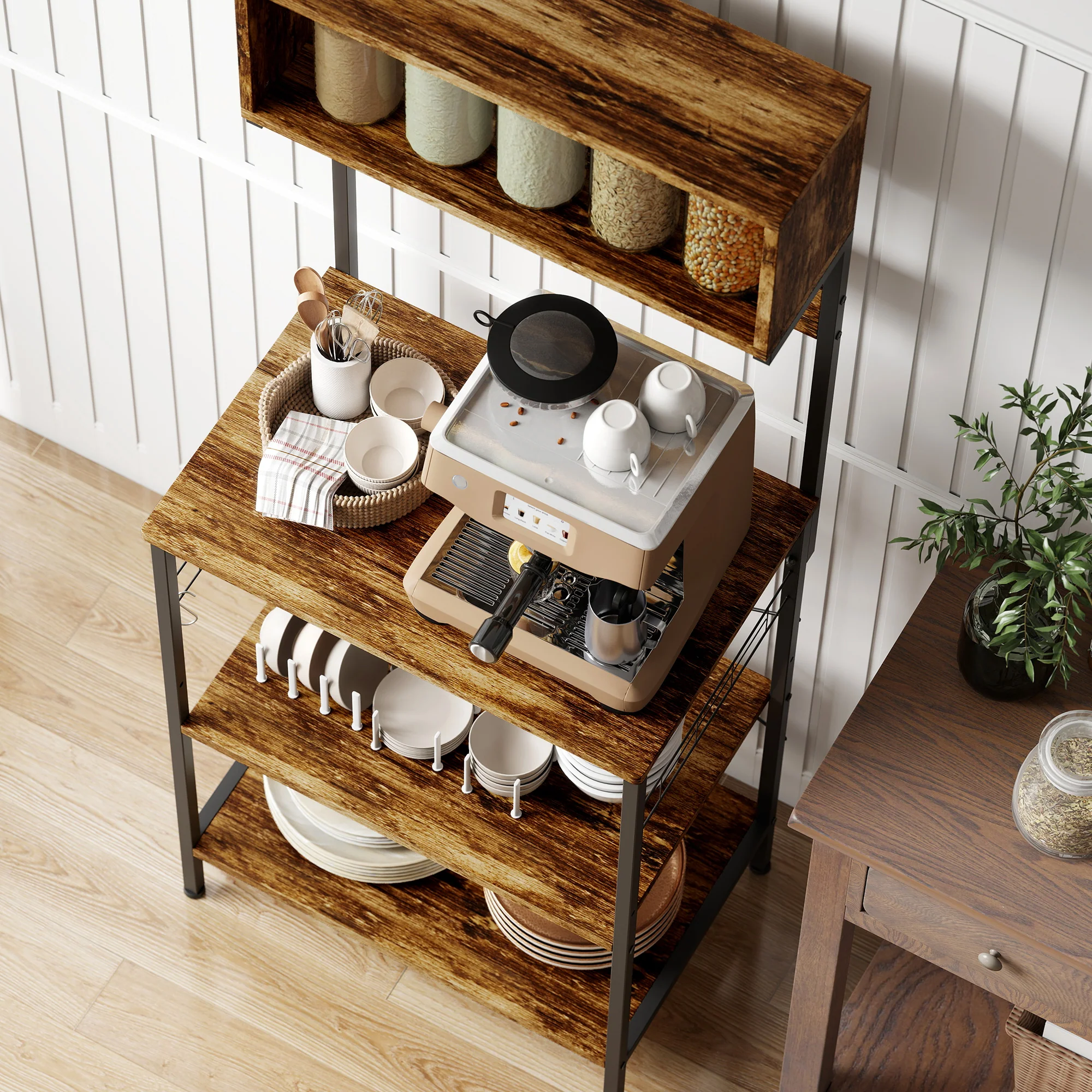 HOMCOM Bakers Rack with Power Outlet, 5 Hooks, Microwave Stand, Brown - Image 9