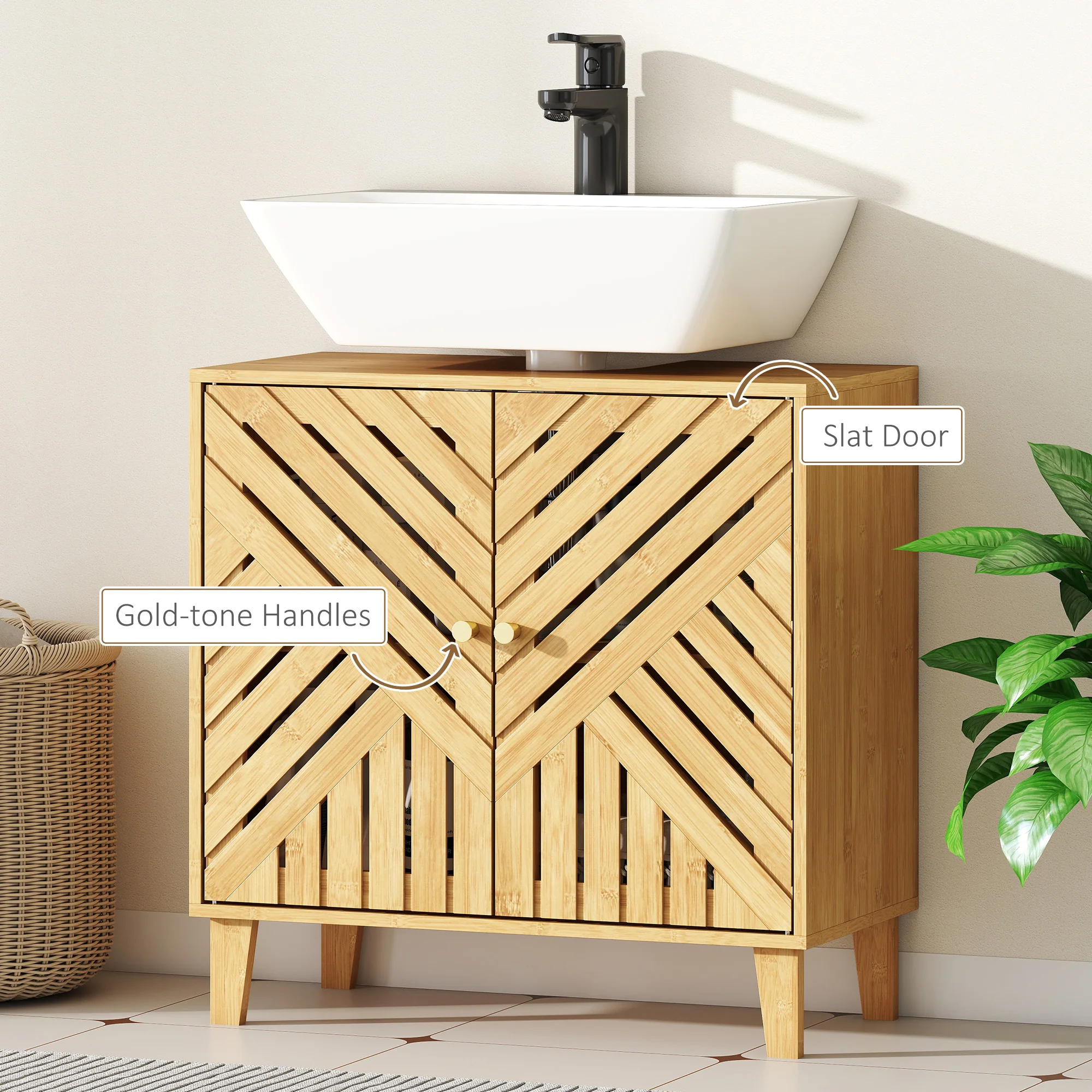 HOMCOM Bamboo Bathroom Under Sink Cabinet With Adjustable Shelf, Natural - Image 7