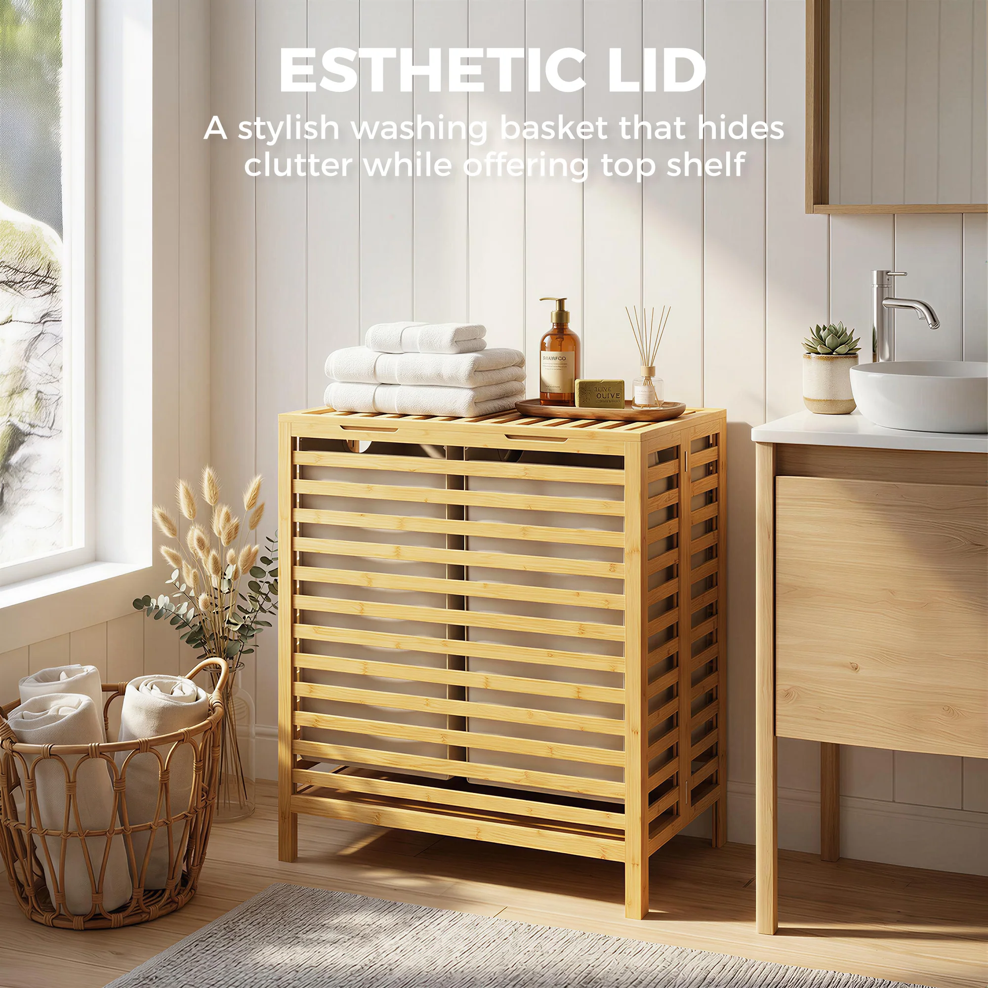 HOMCOM Bamboo Laundry Basket With Lid, 2 Baskets, Foldable, Natural - Image 4
