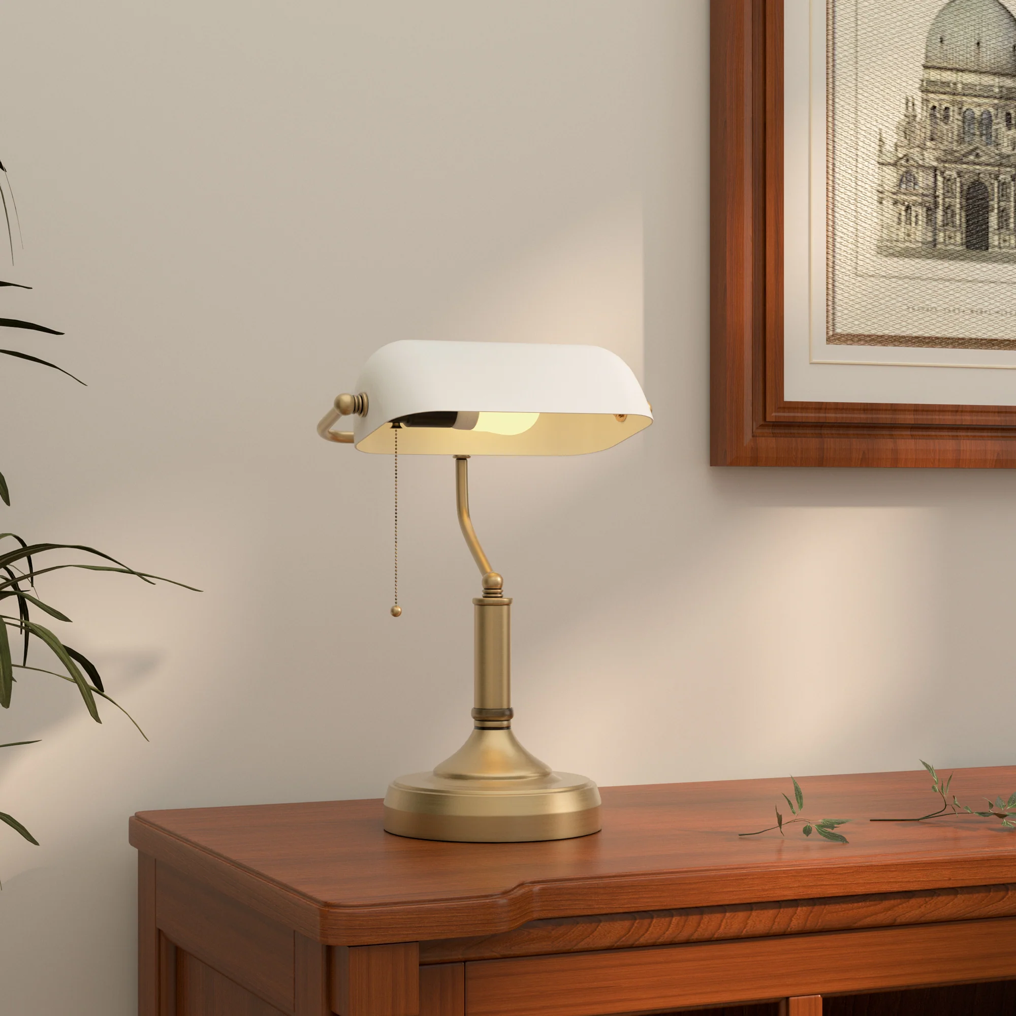 HOMCOM Banker's Table Lamp W/ Antique Bronze Tone Base, White/Blue - Image 2