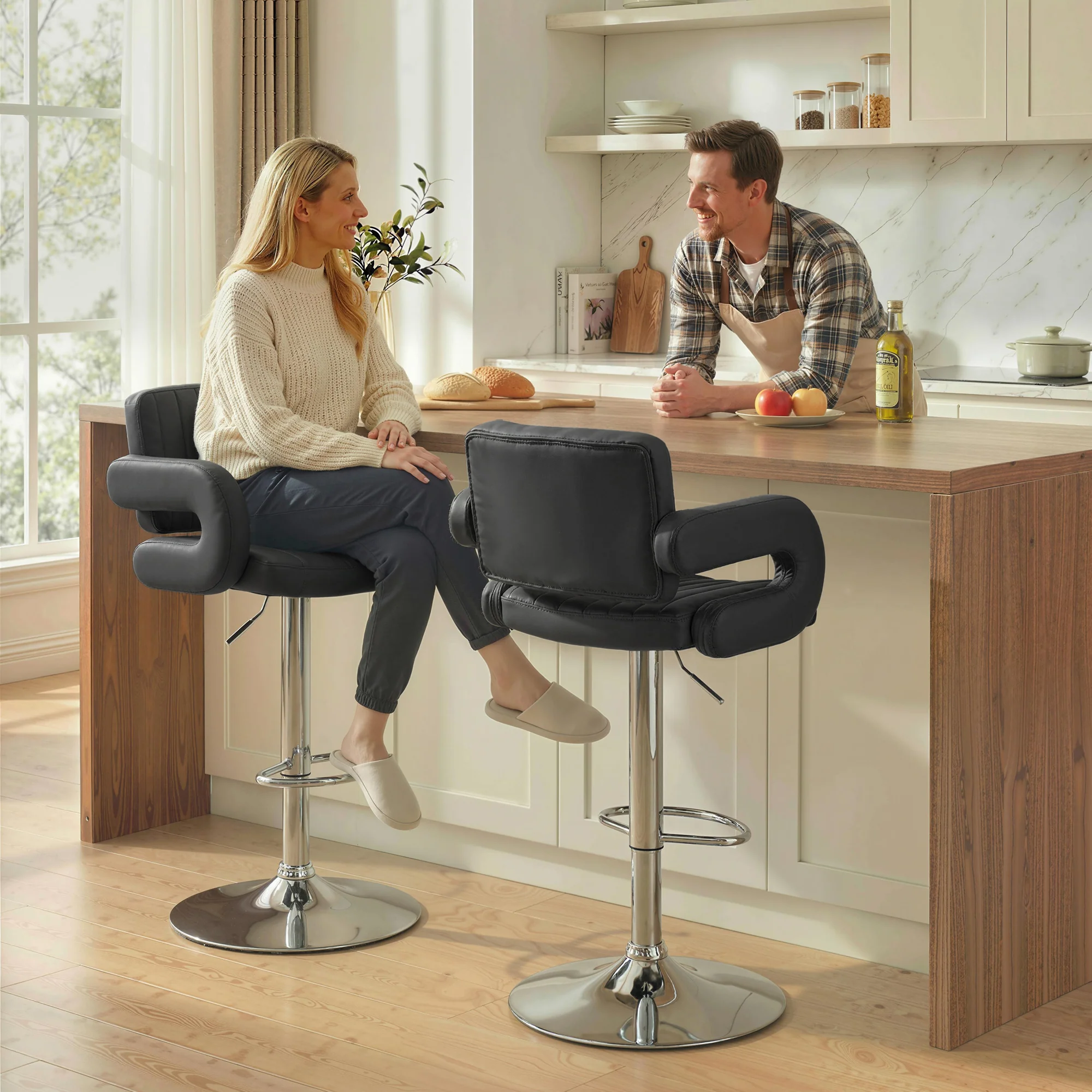 HOMCOM Bar Stools Adjustable Swivel With Armrest Set Of 2 Black - Image 2