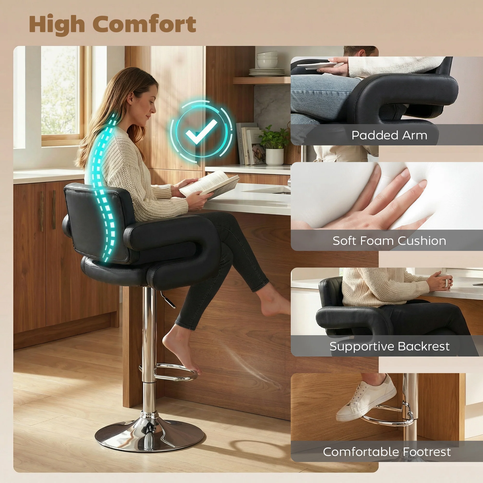 HOMCOM Bar Stools Adjustable Swivel With Armrest Set Of 2 Black - Image 3