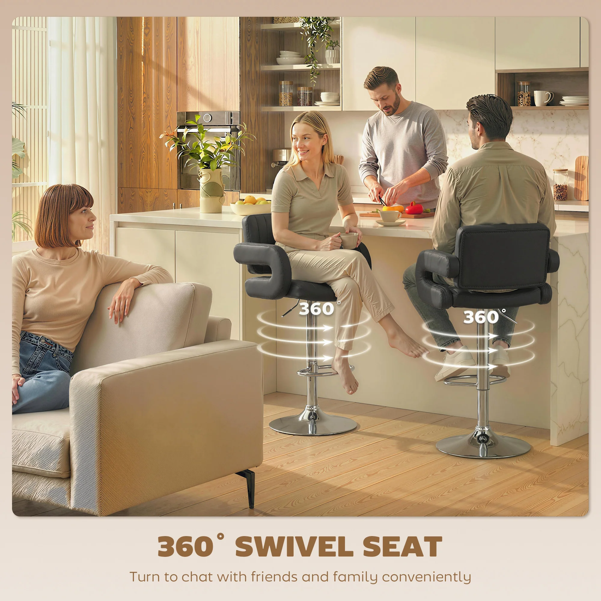 HOMCOM Bar Stools Adjustable Swivel With Armrest Set Of 2 Black - Image 4