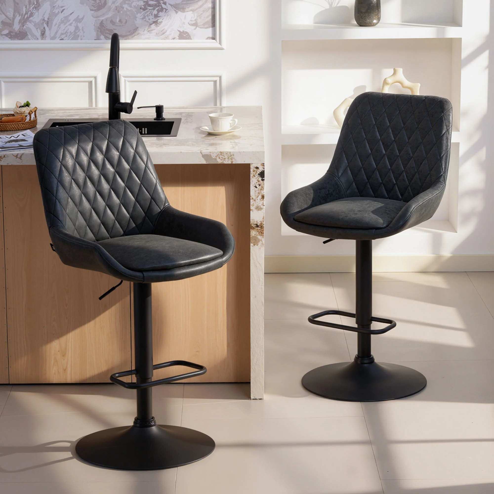 HOMCOM Bar Stools Set Of 2, Adjustable Bar Chairs 360 Degree Swivel Black - Image 2