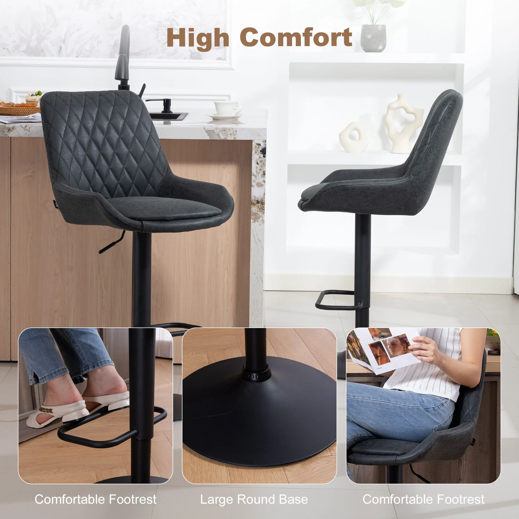 HOMCOM Bar Stools Set Of 2, Adjustable Bar Chairs 360 Degree Swivel Black - Image 7