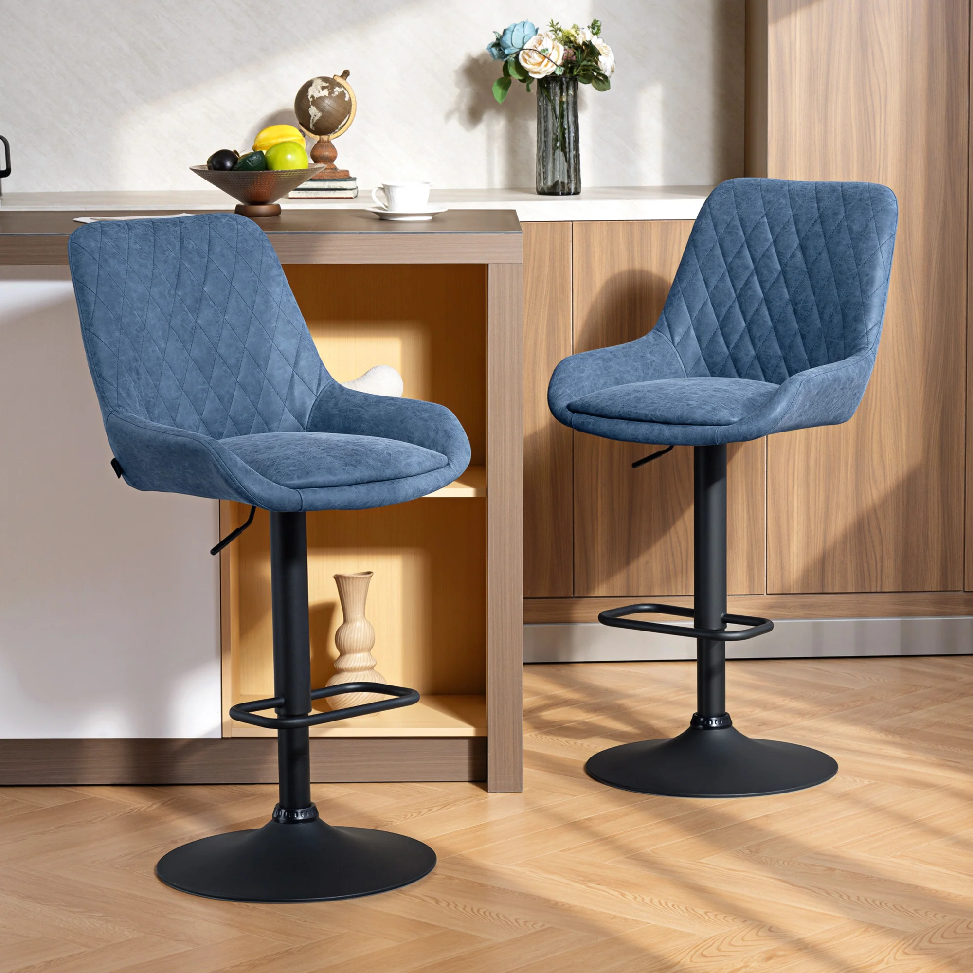 HOMCOM Bar Stools Set Of 2, Adjustable Bar Chairs 360 Degree Swivel Blue - Image 2