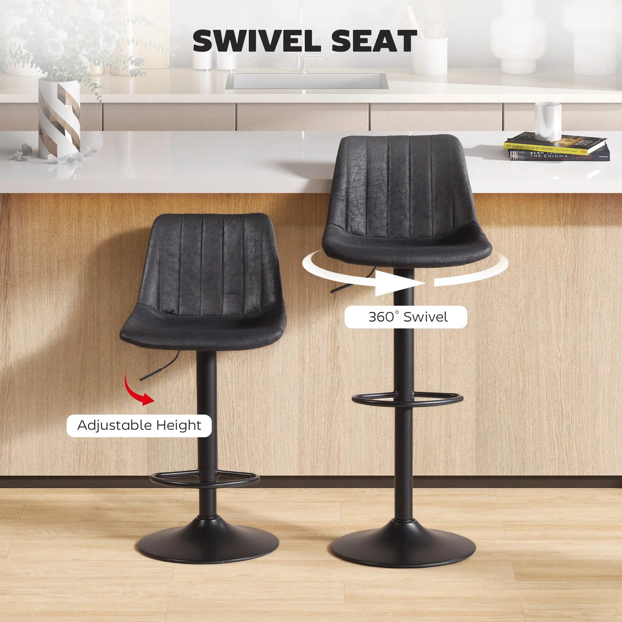 HOMCOM Bar Stools Set Of 2 Adjustable Swivel Bar Chairs With Backrest Black - Image 3
