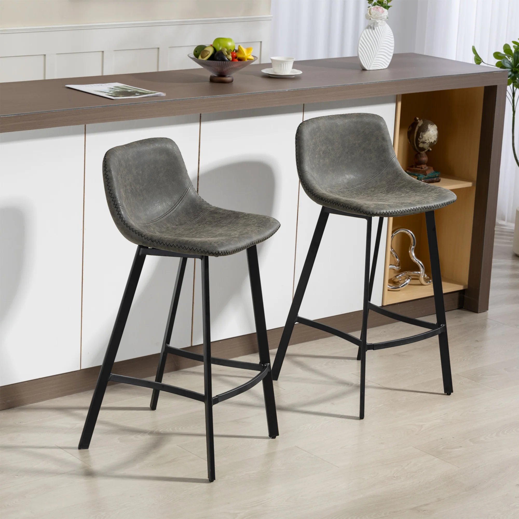 HOMCOM Bar Stools Set of 2, Bar Chairs with Back and Steel Legs, Grey - Image 2