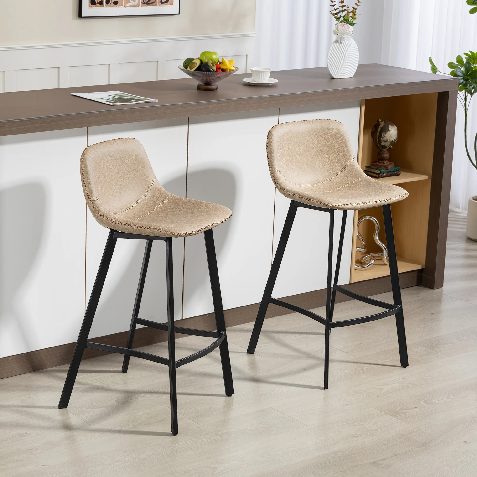HOMCOM Bar Stools Set of 2, Bar Chairs with Back and Steel Legs, Light Brown - Image 2
