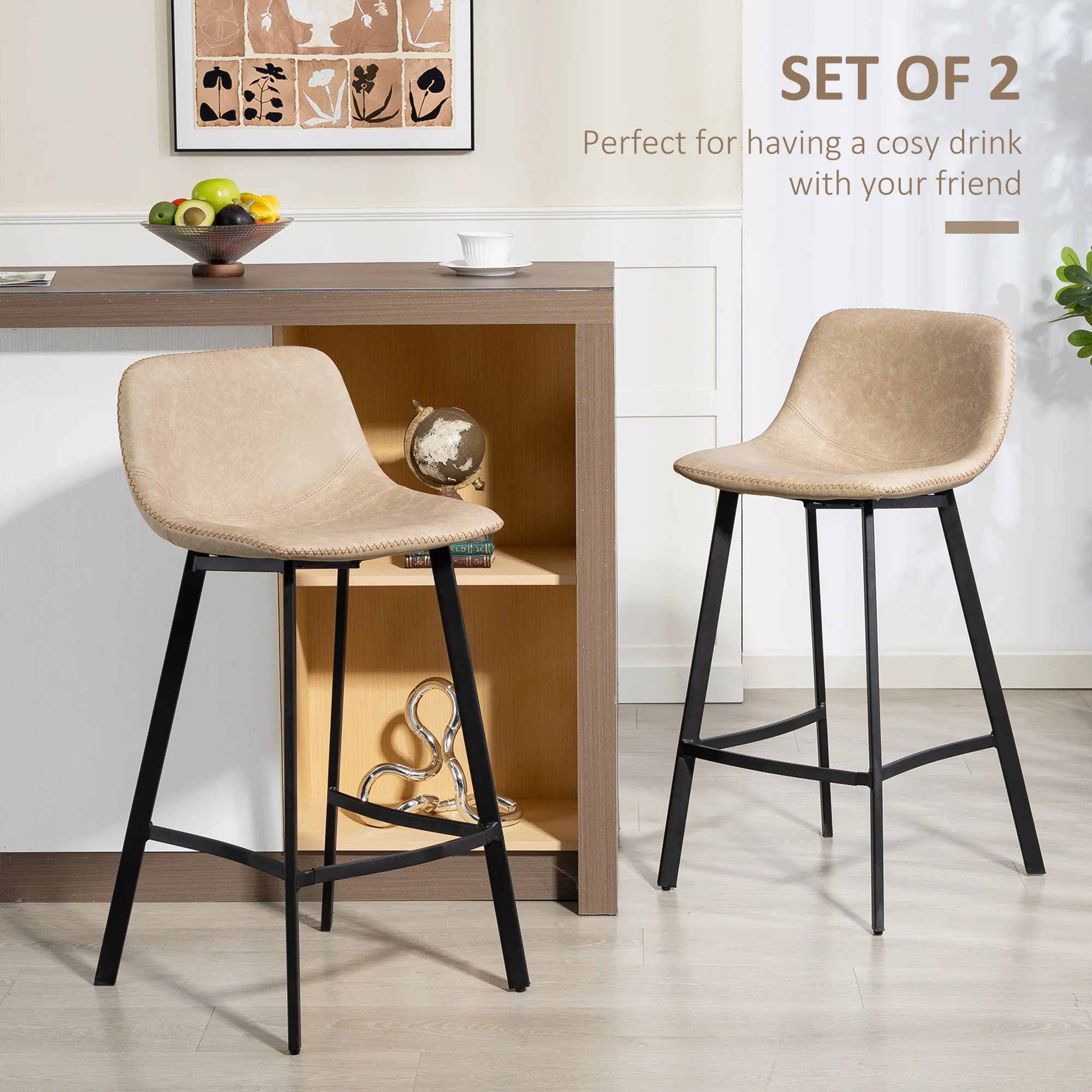 HOMCOM Bar Stools Set of 2, Bar Chairs with Back and Steel Legs, Light Brown - Image 3