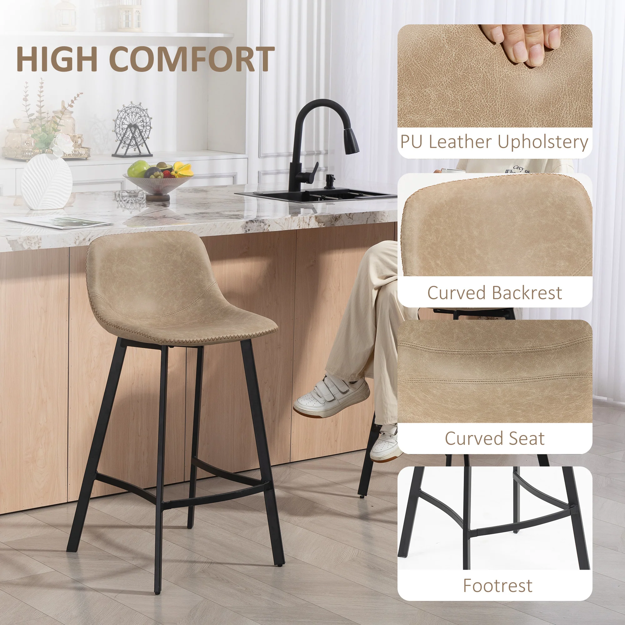 HOMCOM Bar Stools Set of 2, Bar Chairs with Back and Steel Legs, Light Brown - Image 4