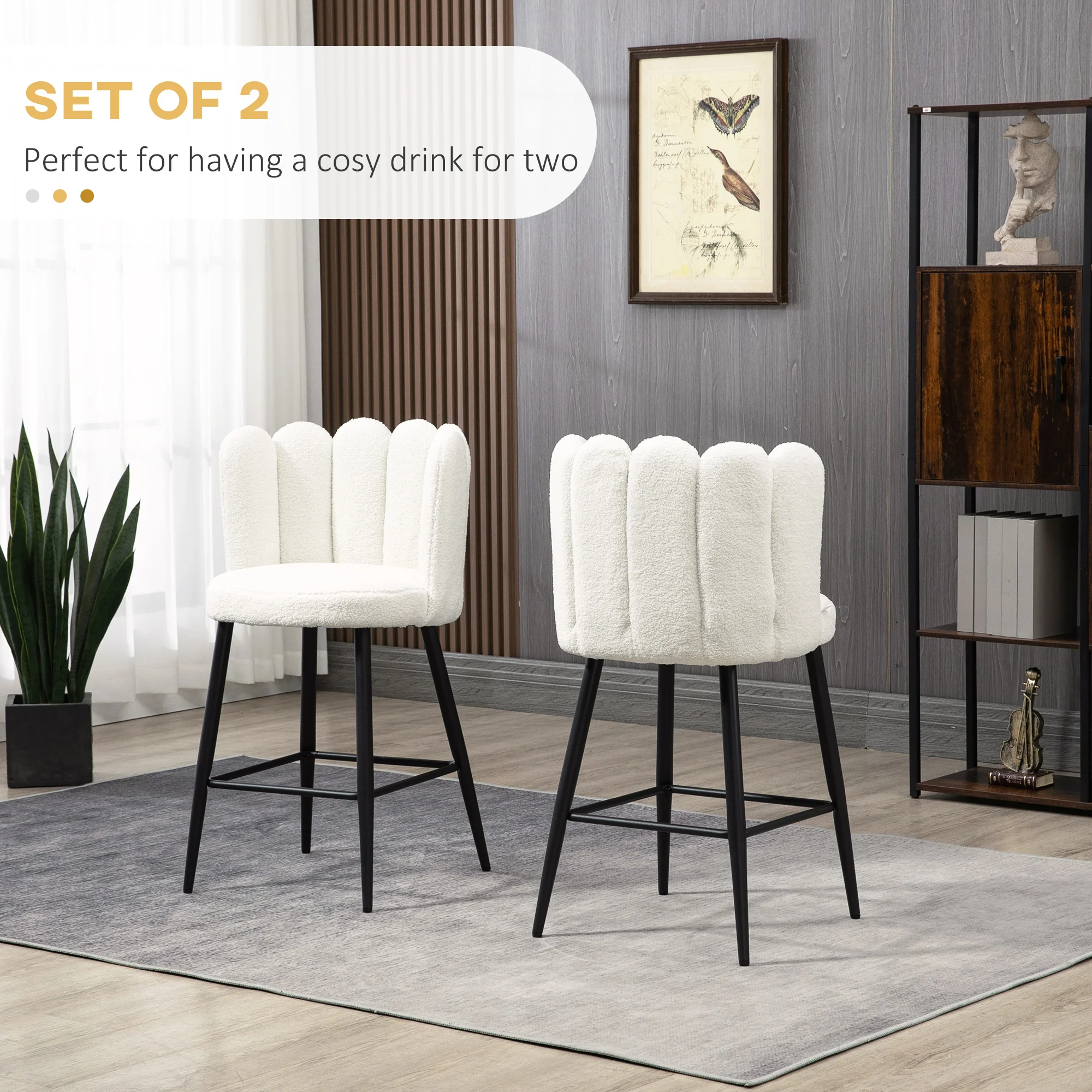 HOMCOM Bar Stools Set Of 2, Breakfast Barstools With Backs, Cream - Image 3
