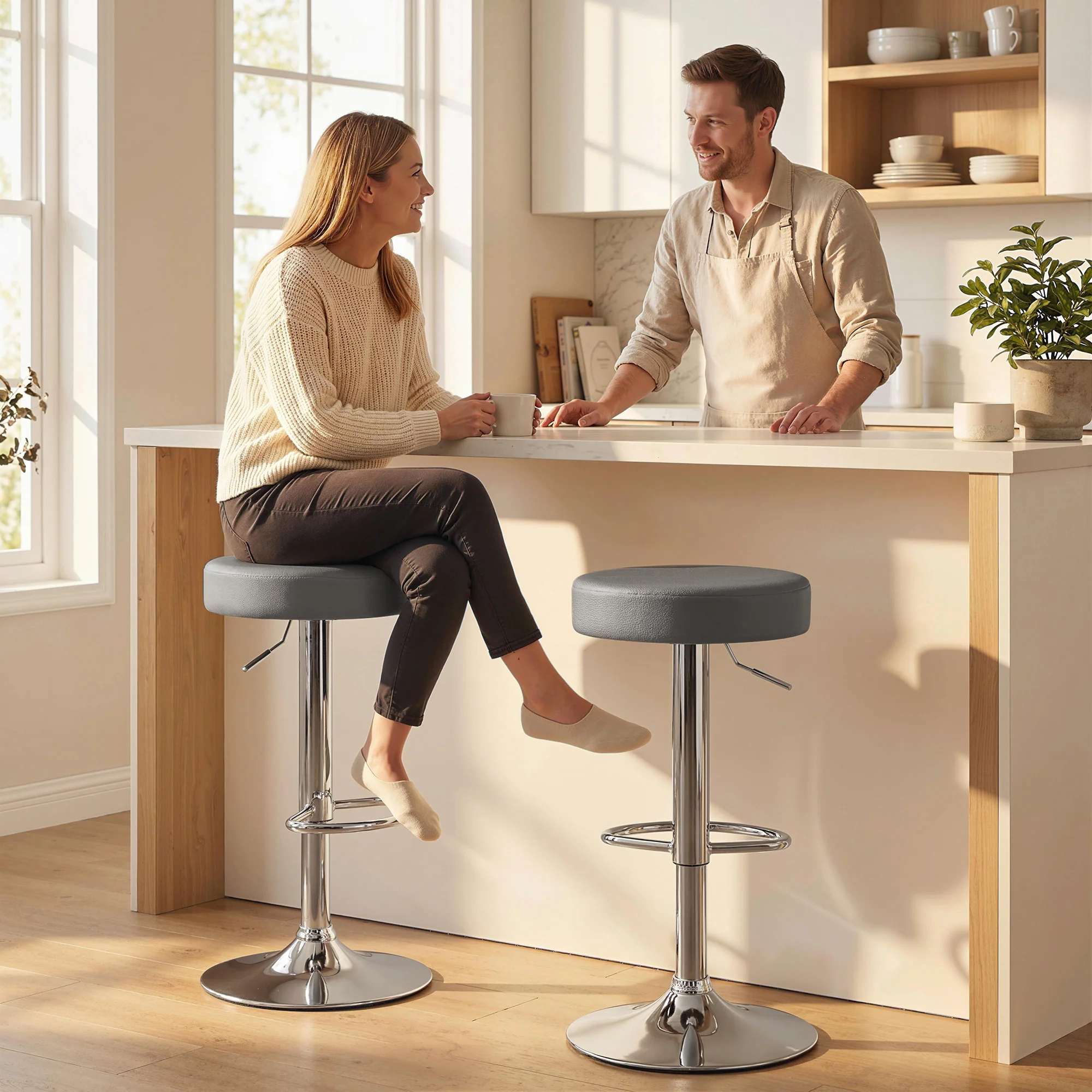 HOMCOM Bar Stools Set Of 2, Height Adjustable Breakfast Bar Chairs, Grey - Image 2