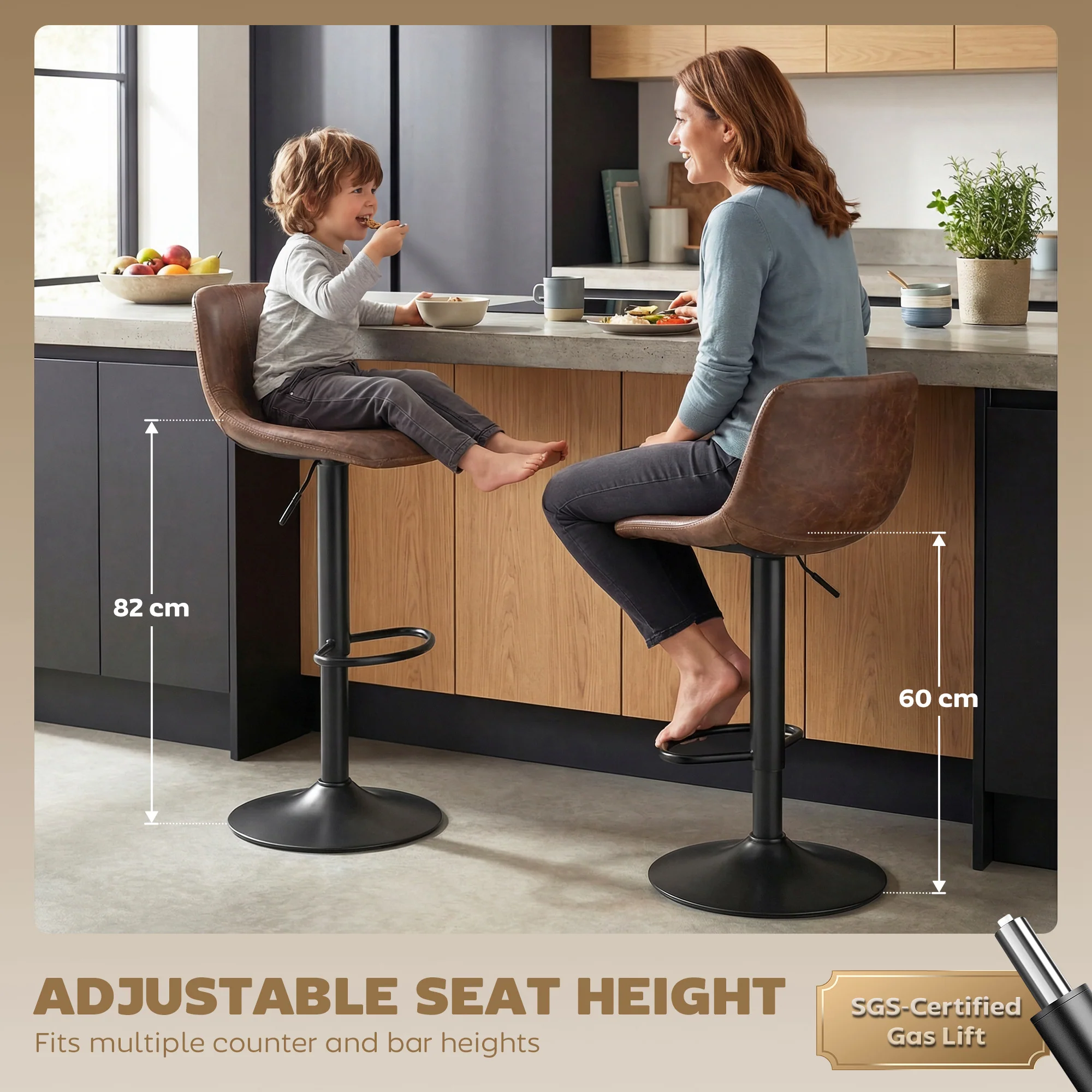 HOMCOM Bar Stools Set Of 2, Modern Swivel Barstools For Dining Room, Brown - Image 4