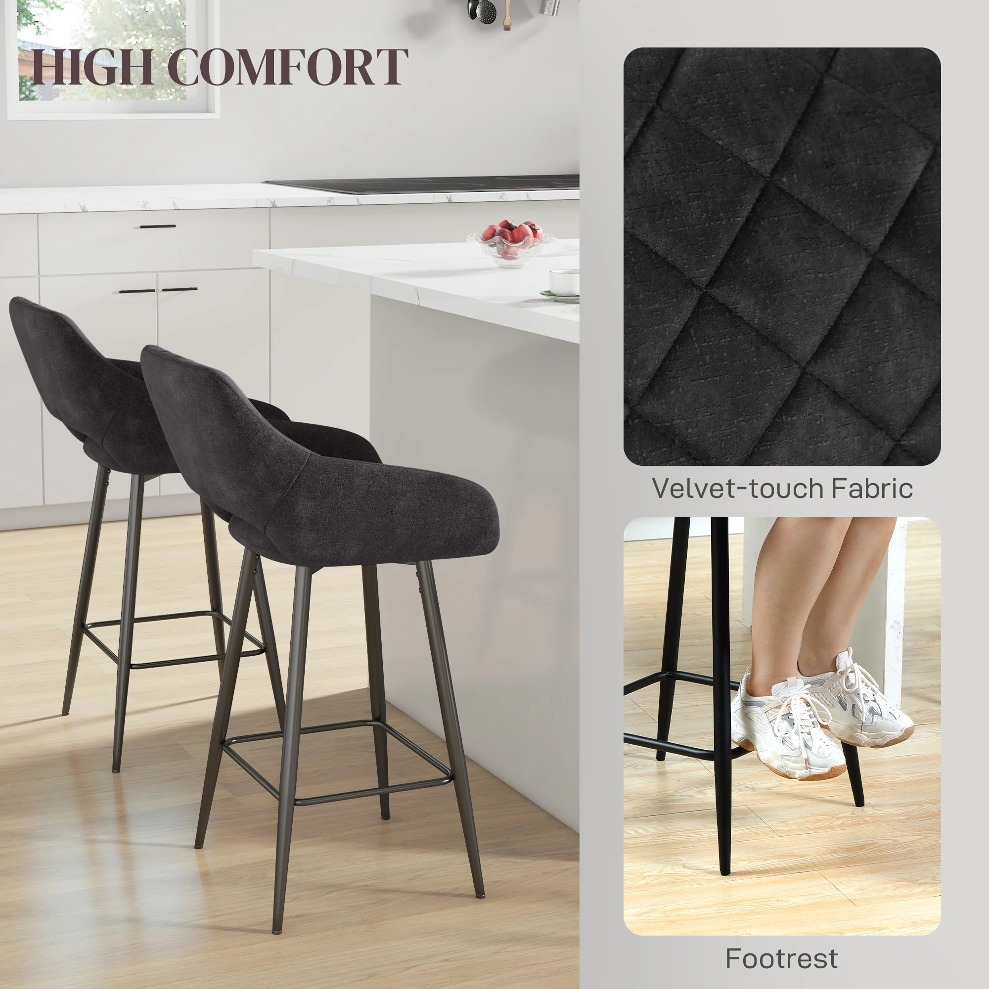 HOMCOM Bar Stools Set Of 2, Velvet-Touch Fabric Counter Height Bar Chairs Pink - Image 21