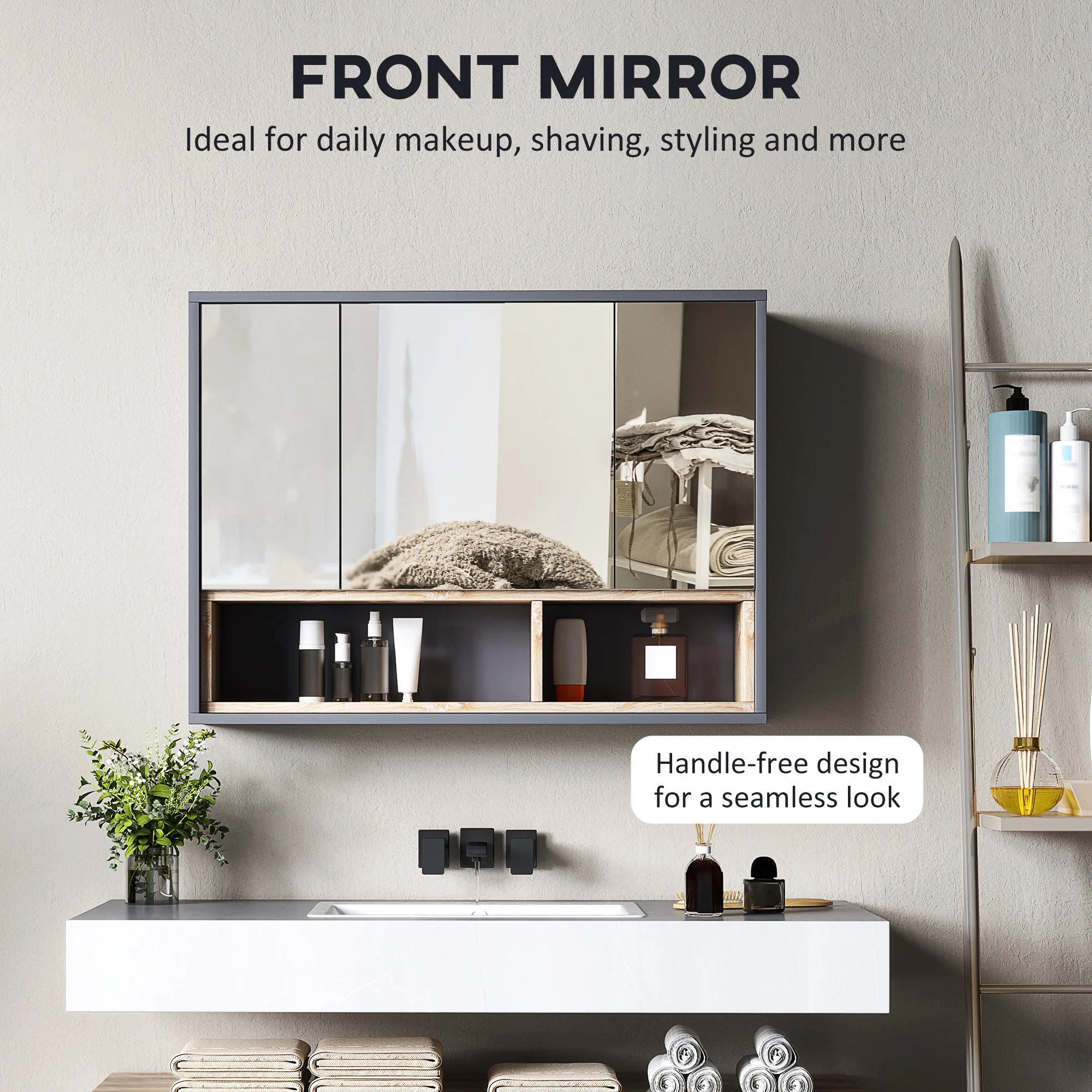 HOMCOM Bathroom Cabinet Wall Mounted Mirror Storage With Shelves Grey - Image 4