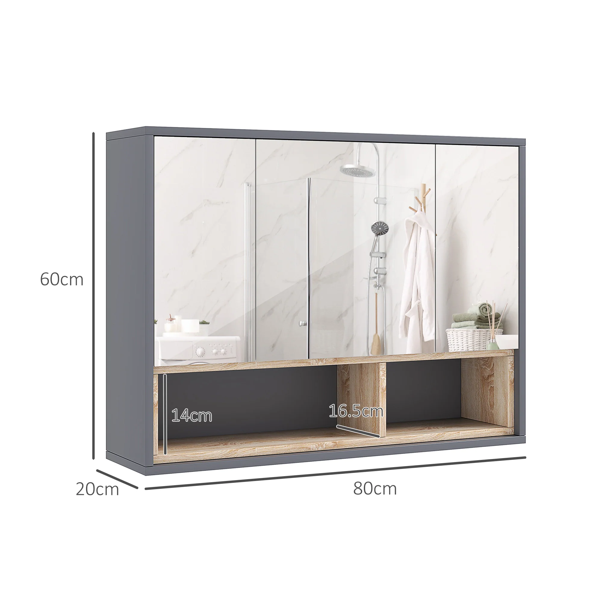 HOMCOM Bathroom Cabinet Wall Mounted Mirror Storage With Shelves Grey - Image 5