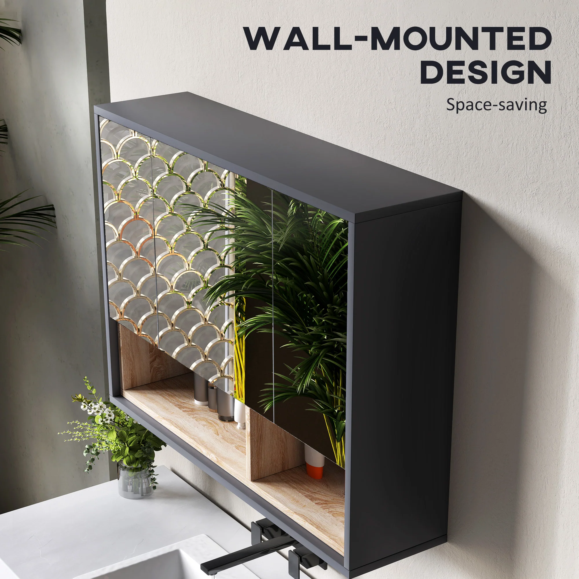 HOMCOM Bathroom Cabinet Wall Mounted Mirror Storage With Shelves Grey - Image 6