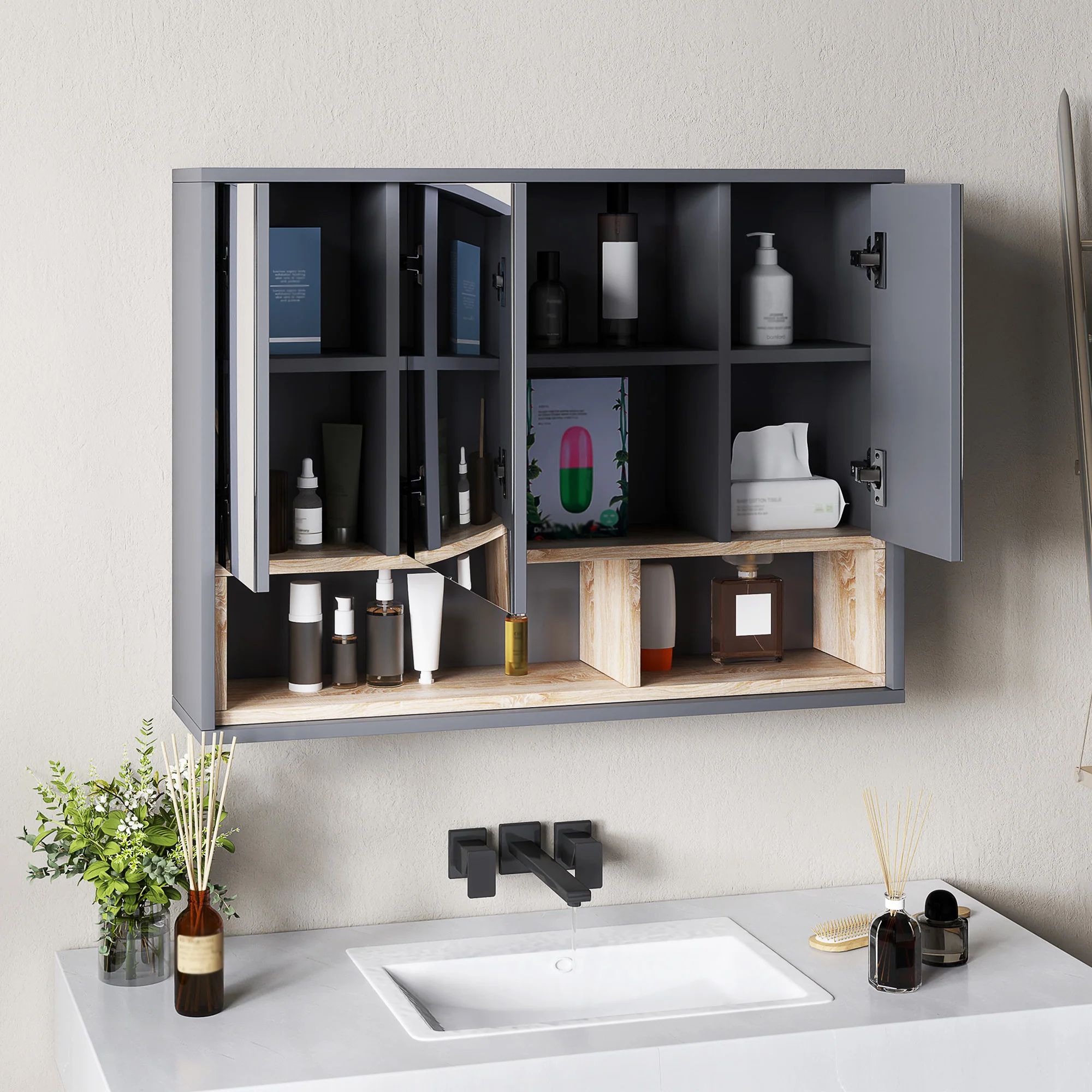 HOMCOM Bathroom Cabinet Wall Mounted Mirror Storage With Shelves Grey - Image 8
