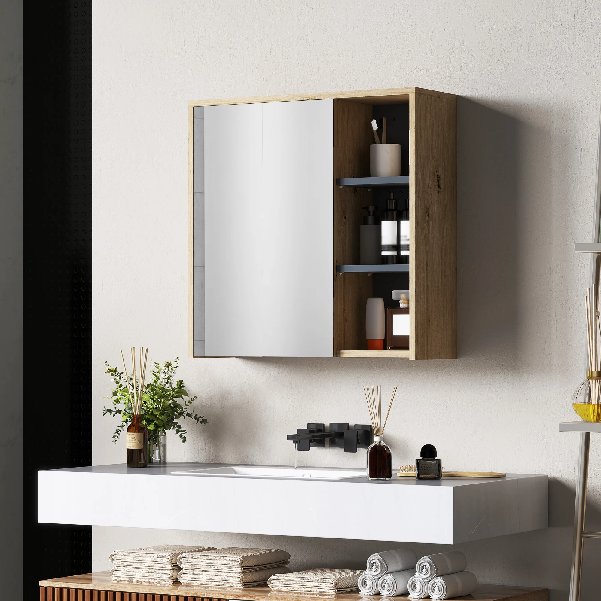 HOMCOM Bathroom Cabinet Wall Mounted Mirror Storage With Shelves Natural - Image 2