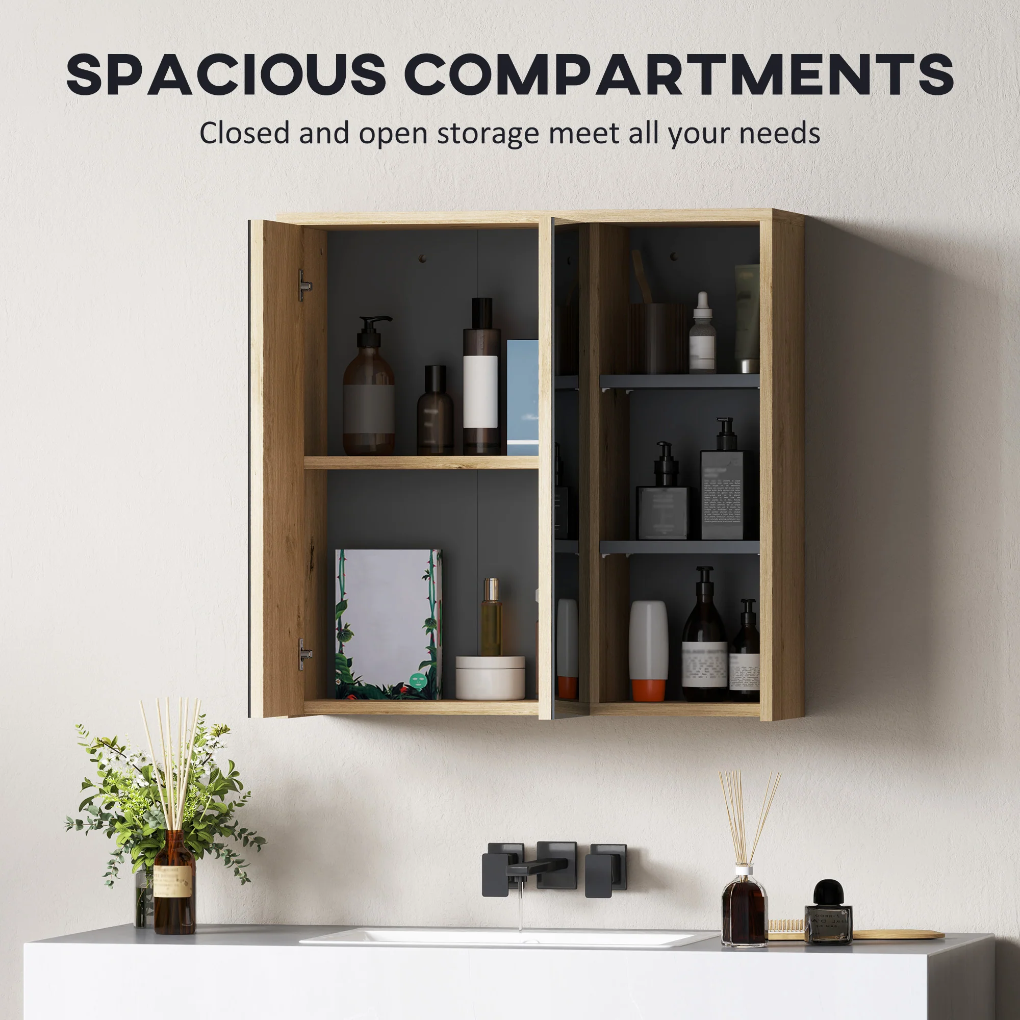 HOMCOM Bathroom Cabinet Wall Mounted Mirror Storage With Shelves Natural - Image 3