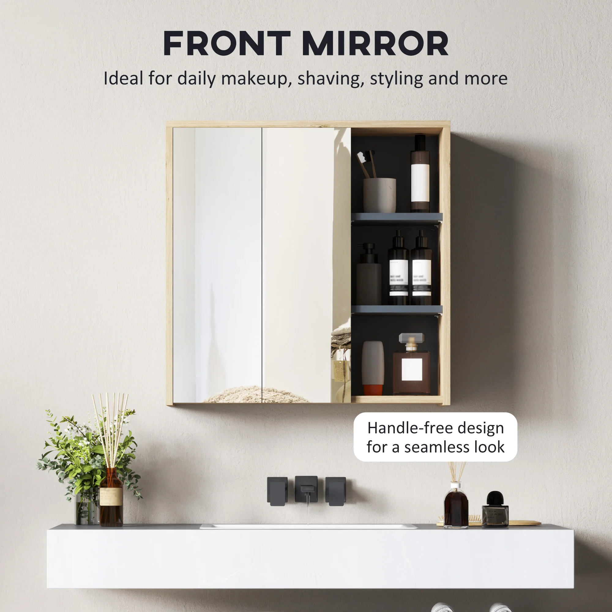 HOMCOM Bathroom Cabinet Wall Mounted Mirror Storage With Shelves Natural - Image 4