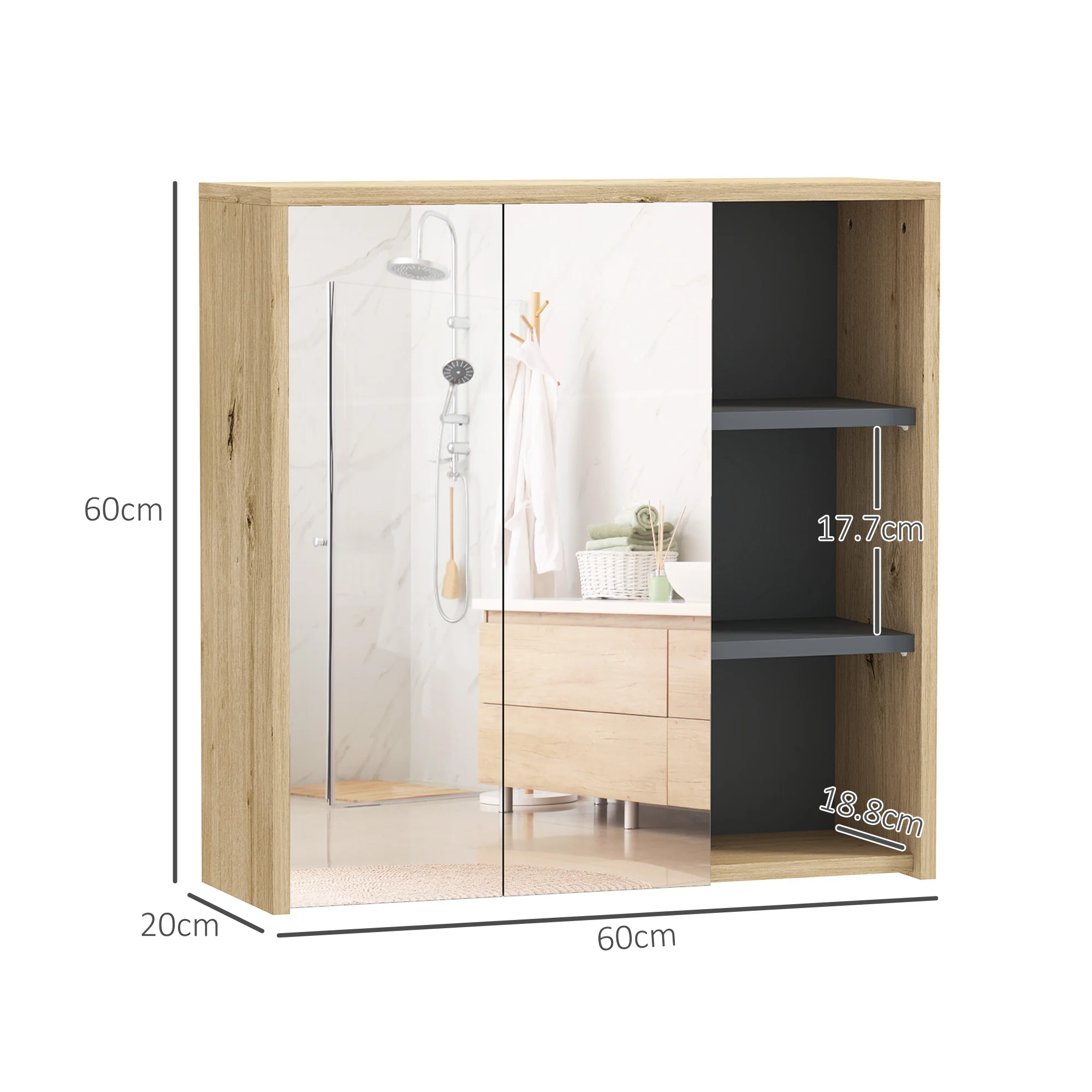 HOMCOM Bathroom Cabinet Wall Mounted Mirror Storage With Shelves Natural - Image 5