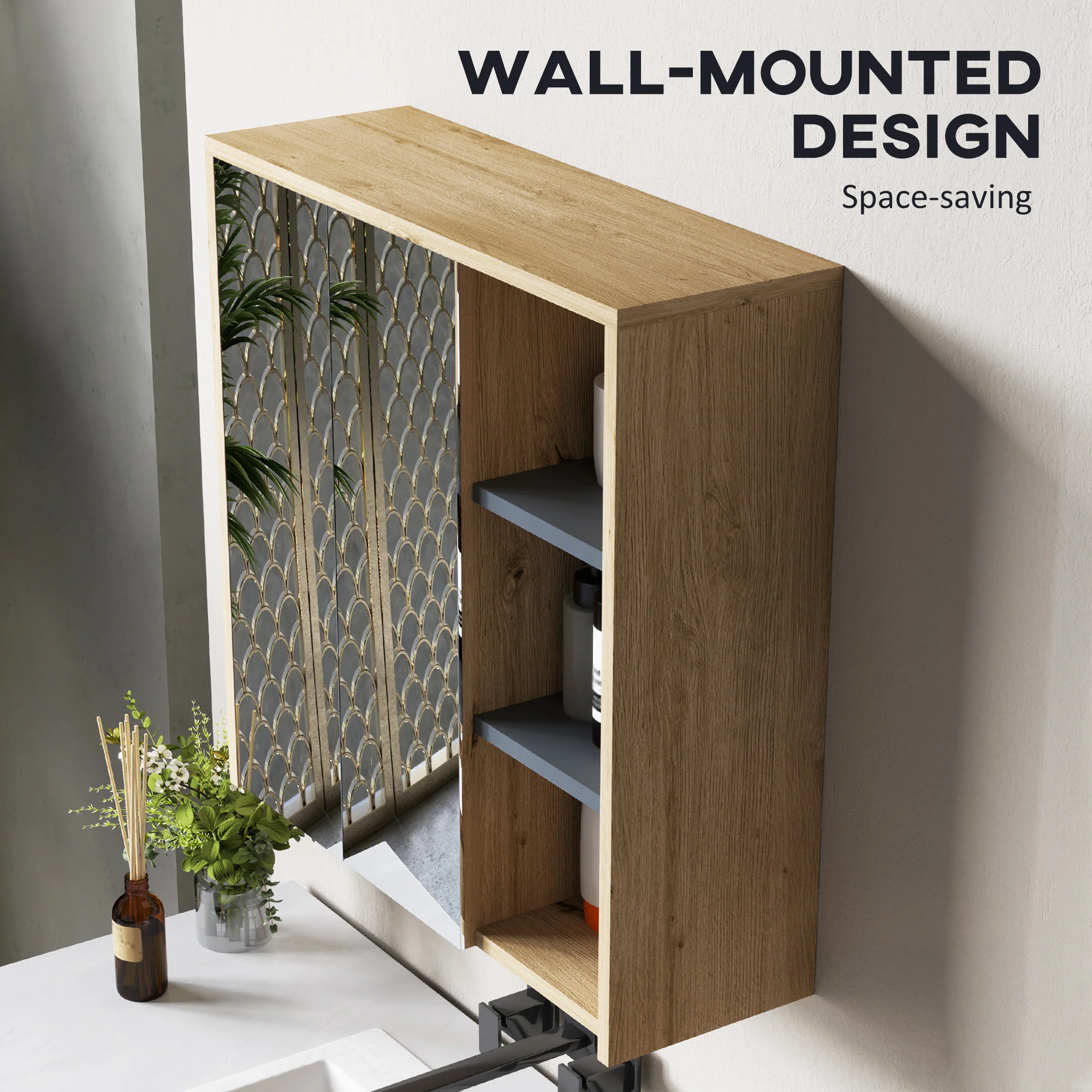 HOMCOM Bathroom Cabinet Wall Mounted Mirror Storage With Shelves Natural - Image 6